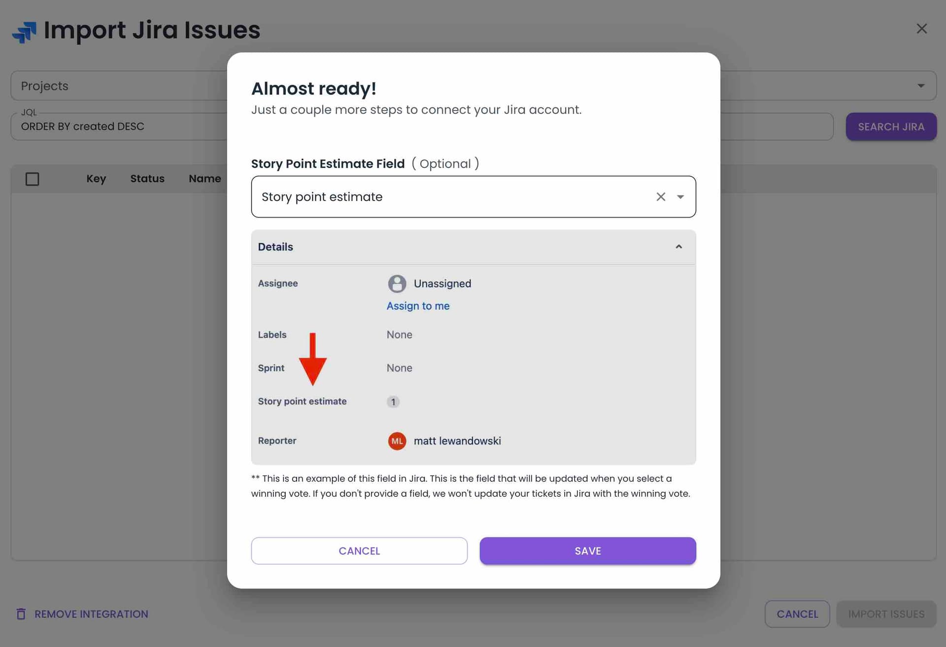 Selecting the Jira story point field to sync