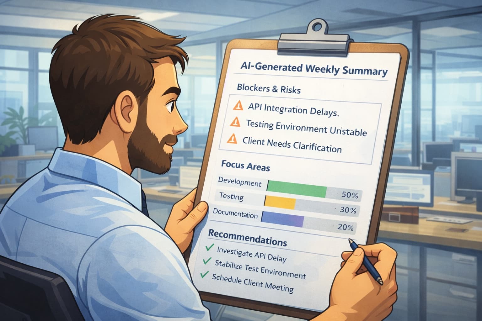 Engelleri ve ekip odak alanlarını gösteren yapay zeka tarafından oluşturulan haftalık özeti inceleyen ekip lideri