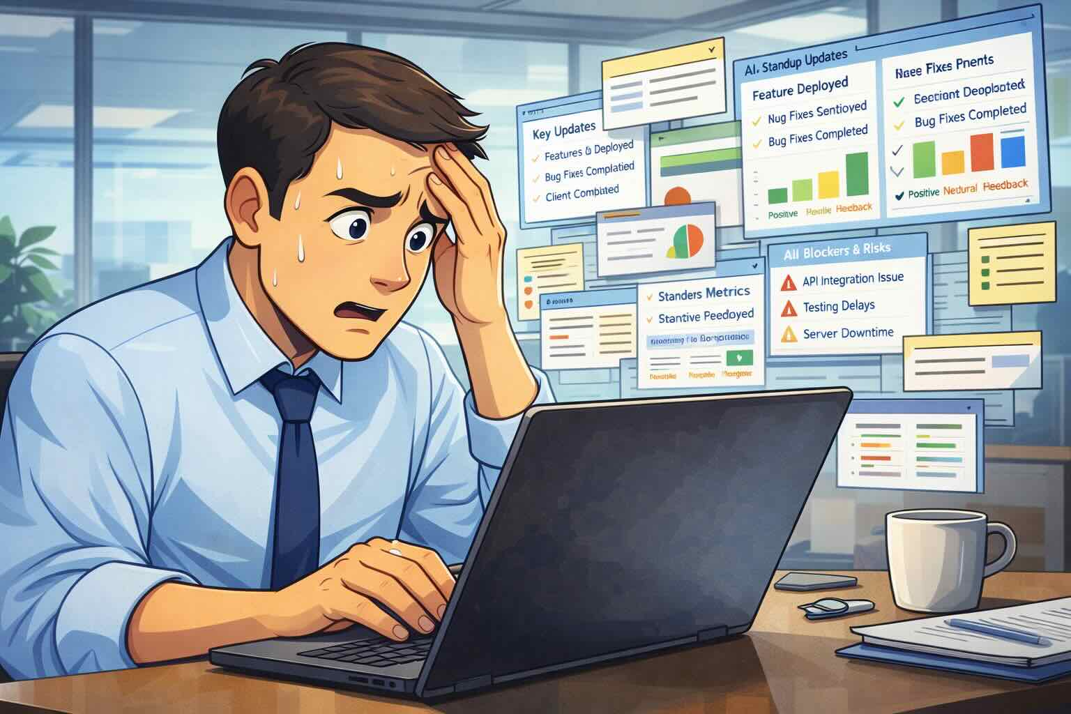 Dizüstü bilgisayarda standup güncellemelerini inceleyen, işlenecek bilgi hacminden bunalmış görünen yönetici