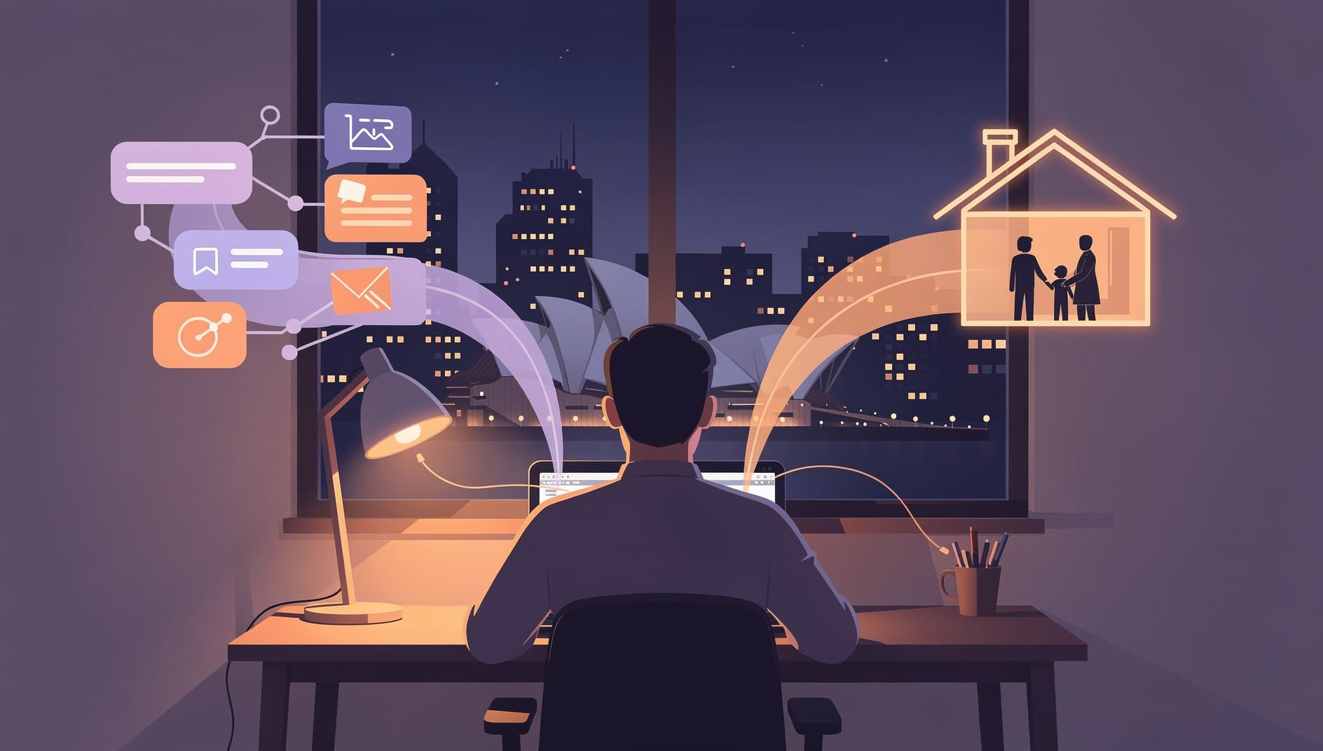 Illustration of a lone developer at a desk at night with two glowing project streams branching from one laptop, one stream showing abstract team collaboration shapes and the other showing a house with a family, warm lamp light, city skyline through the window