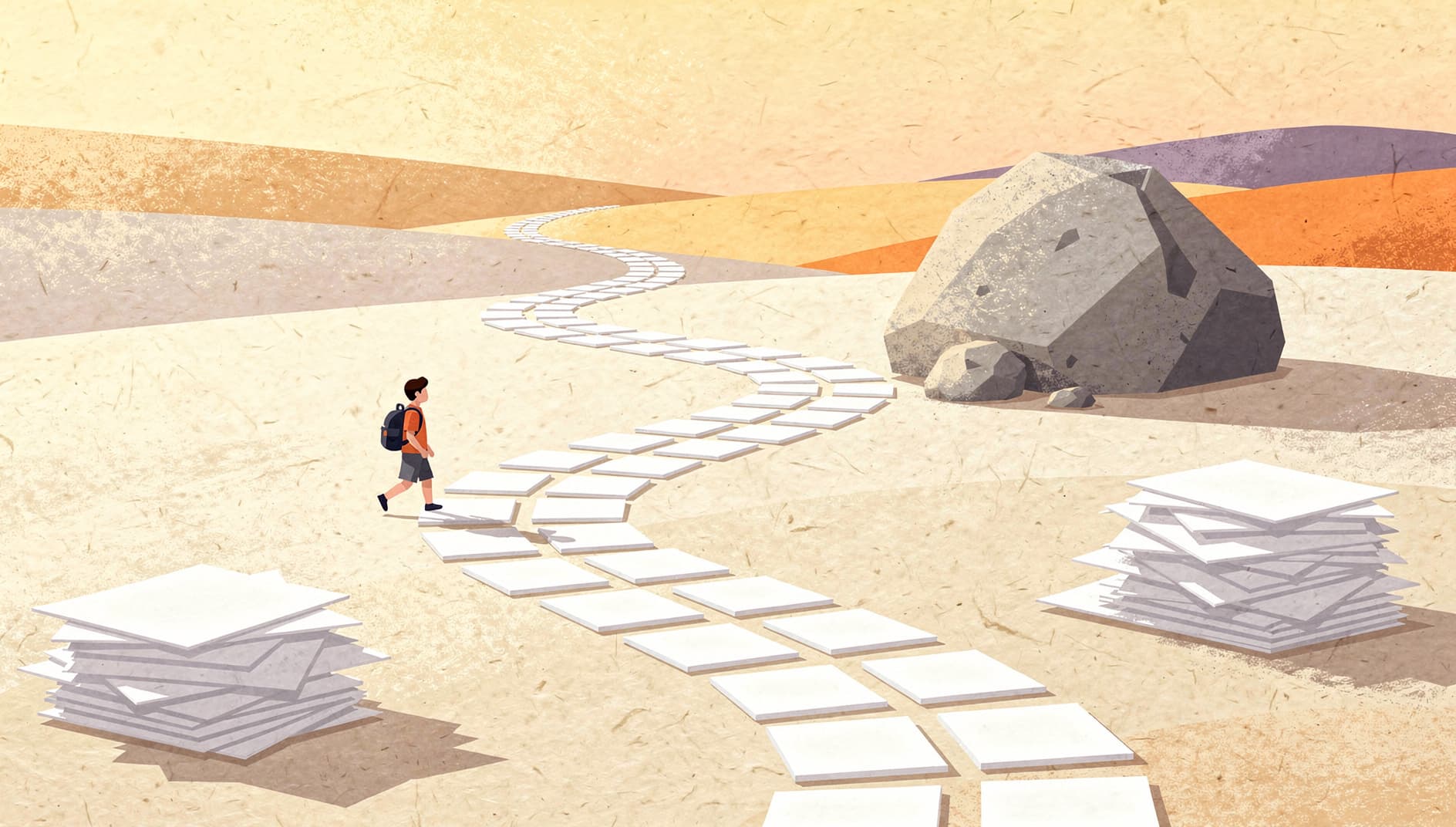 Illustration of a calendar of small daily notes forming a winding path that a tiny figure walks along, past paper piles and around an obstacle, clean vector style with a warm palette