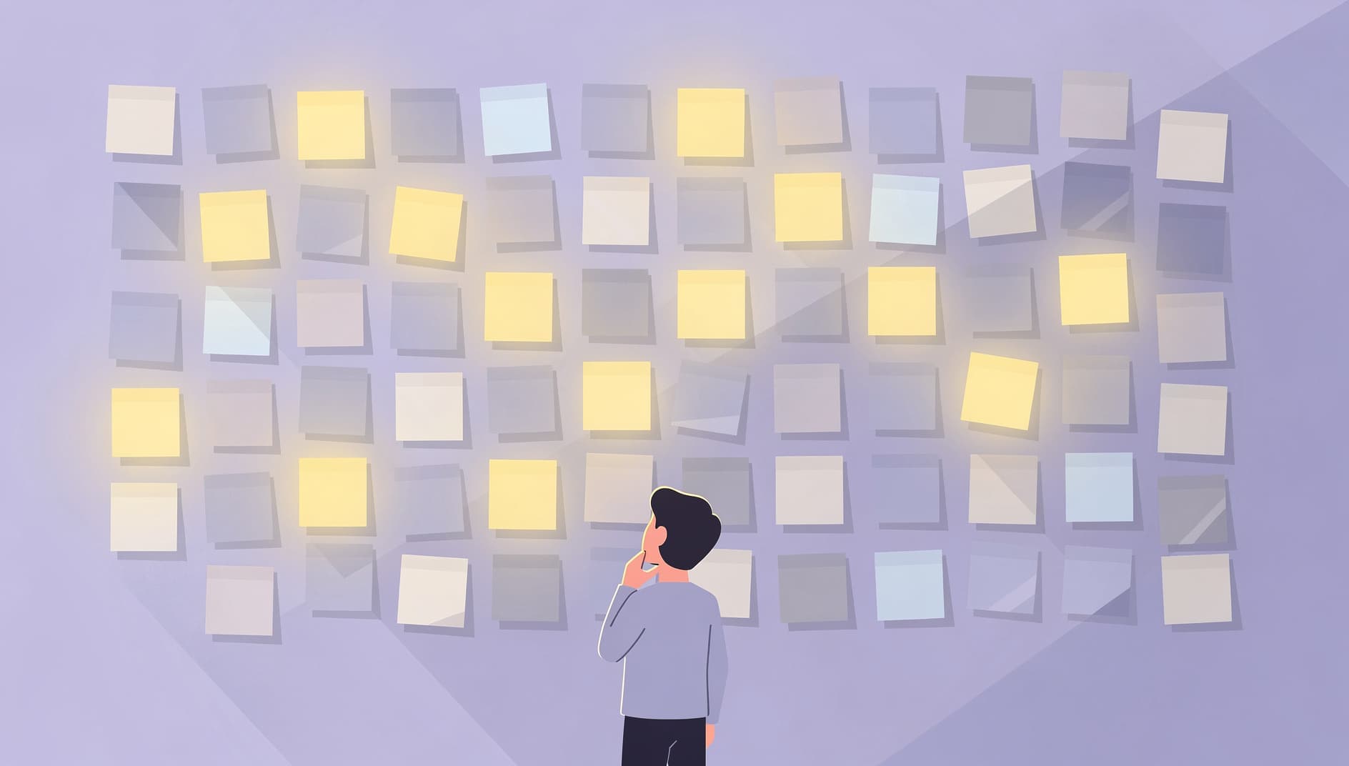 Illustration of a person looking at a wall of sticky notes where the same note visibly repeats many times, the repeated notes glowing softly while unique notes stay dim, flat editorial style