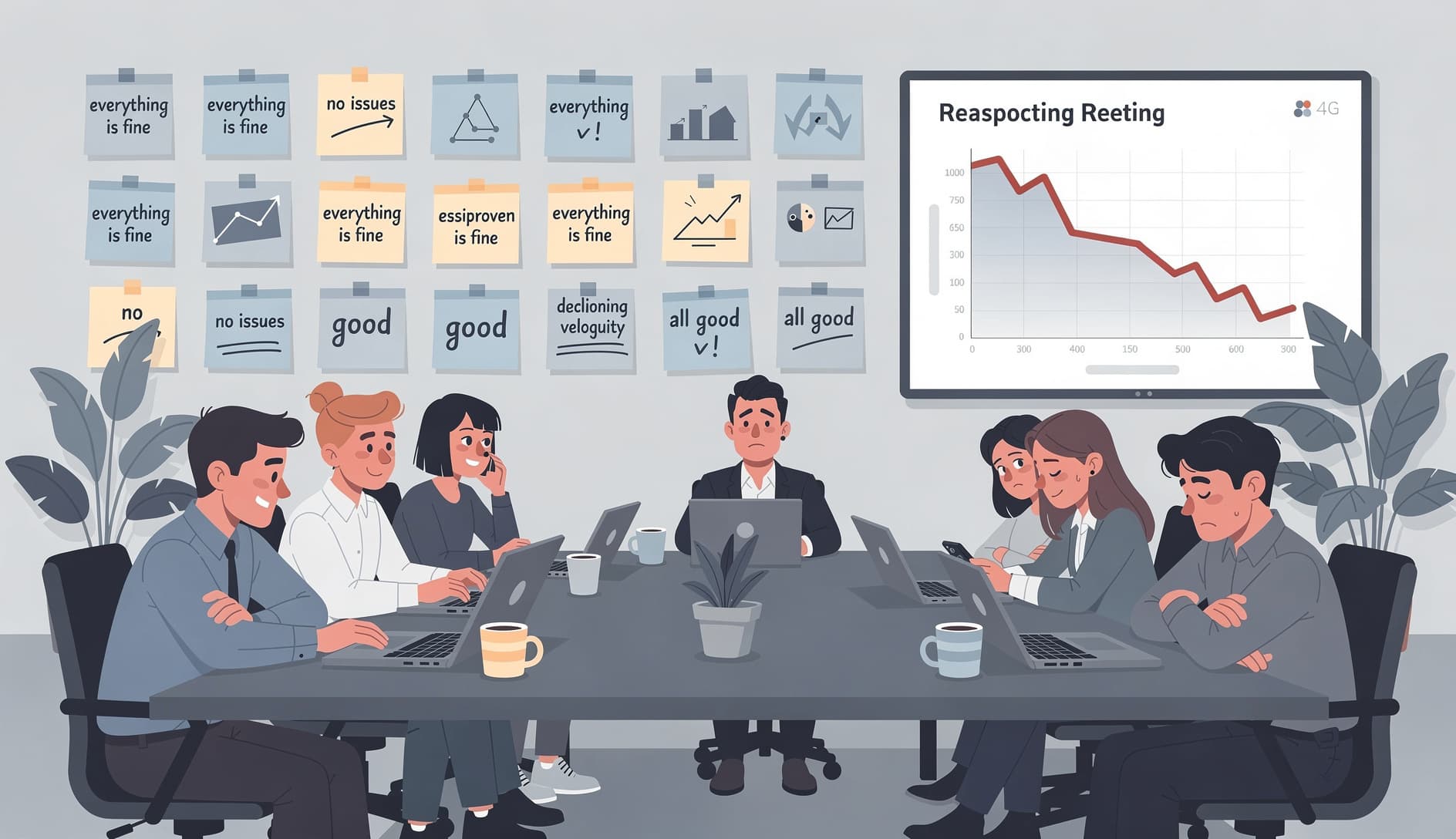 Ein Sprint-Retrospektiv-Meeting, bei dem das Team ausgecheckt aussieht, Notizblöcke an der Wand sagen, dass alles in Ordnung ist, während ein Bildschirm sinkende Velocity zeigt