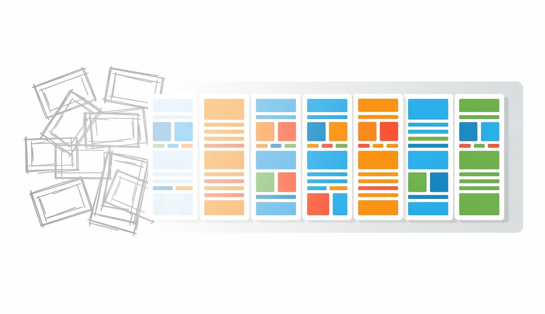 A visual representation of a backlog board with items flowing from a rough unrefined state on the left to polished well-defined cards on the right, showing a gradient of clarity