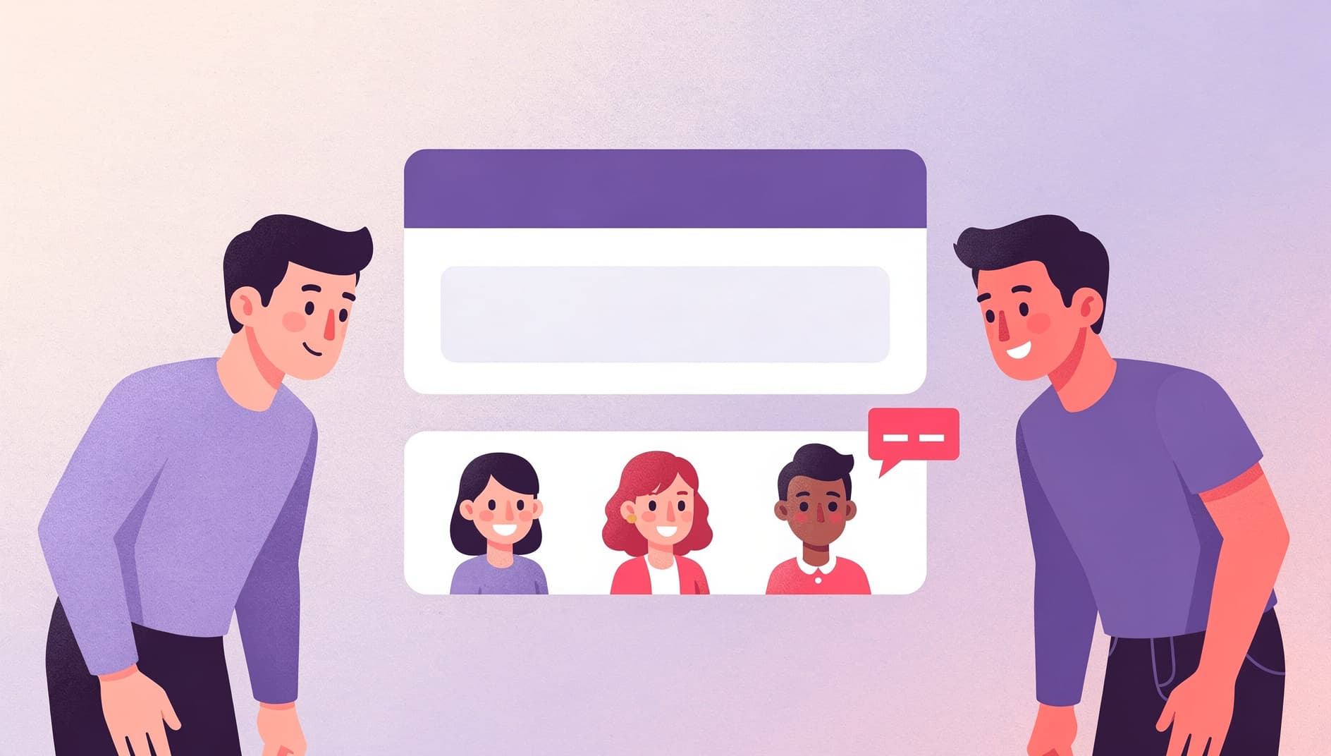 A stylized Slack channel feed showing a single summary card with a TL;DR header, three team avatars threaded underneath, and a small purple blocked badge on one. Two manager figures lean in to read calmly. Modern flat editorial illustration in purple and pink