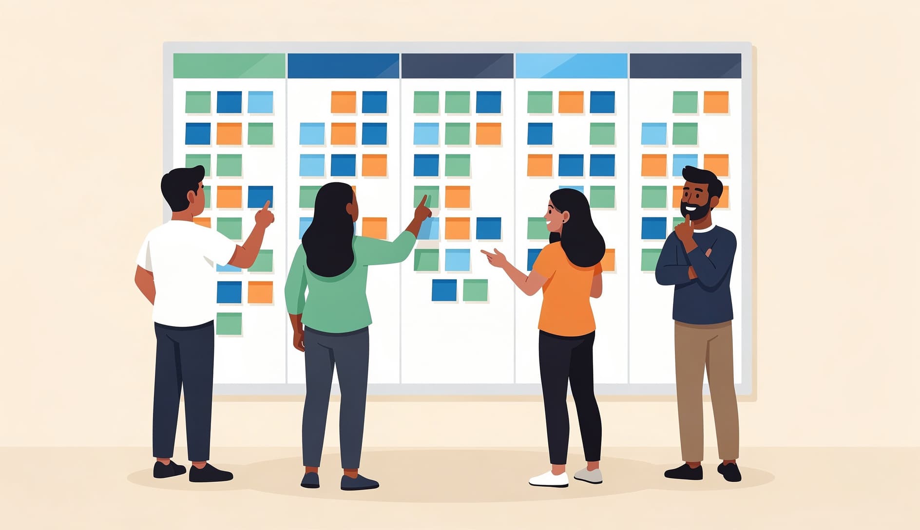 Equipo ágil reunido alrededor de un tablero cubierto de notas adhesivas de colores, colaborando en la escritura de historias de usuario durante una sesión de refinamiento del backlog