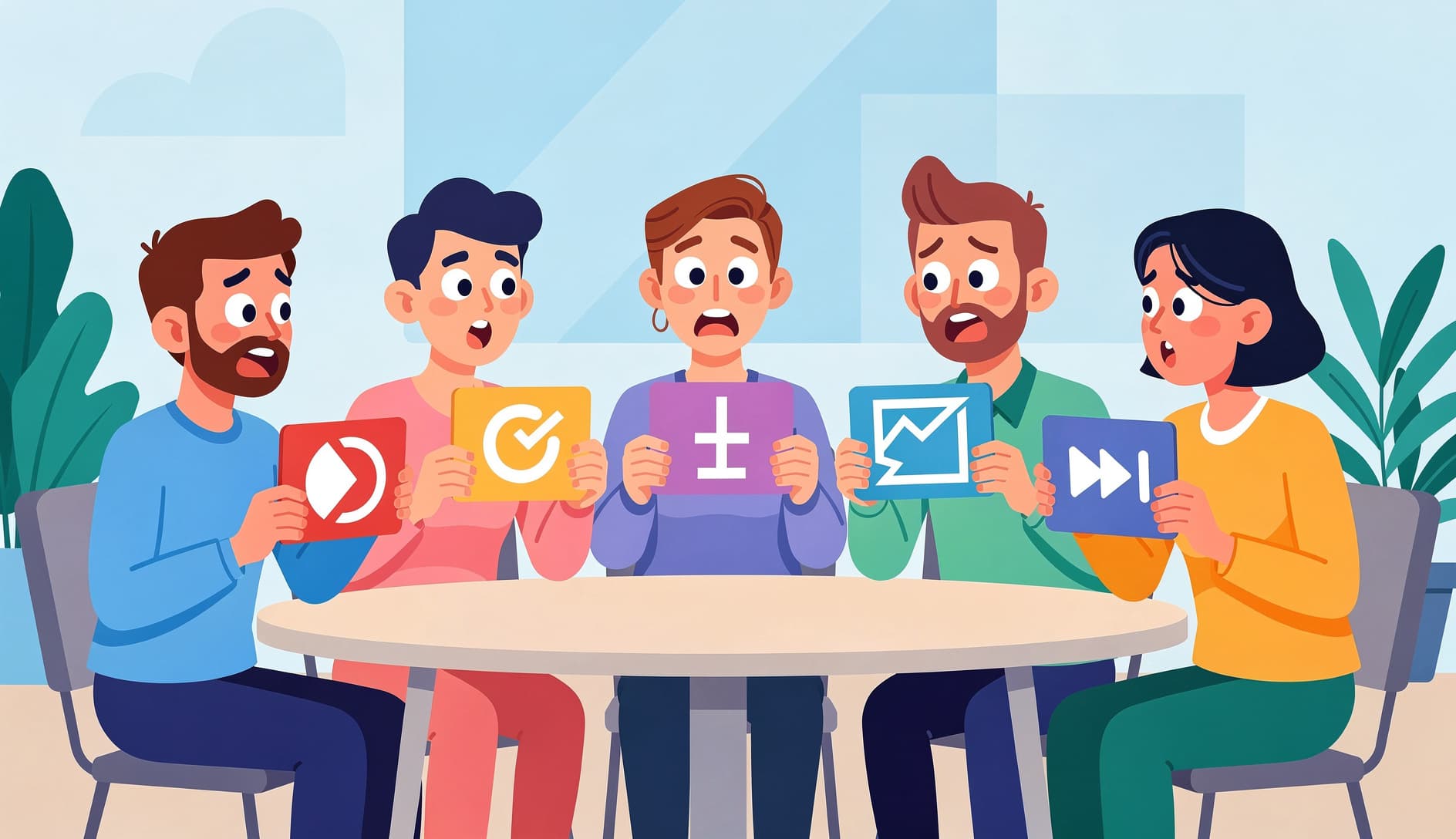 Miembros del equipo levantando cartas de planning poker con valores muy diferentes, luciendo sorprendidos, ilustrando el desacuerdo en la estimación causado por una historia de usuario poco clara