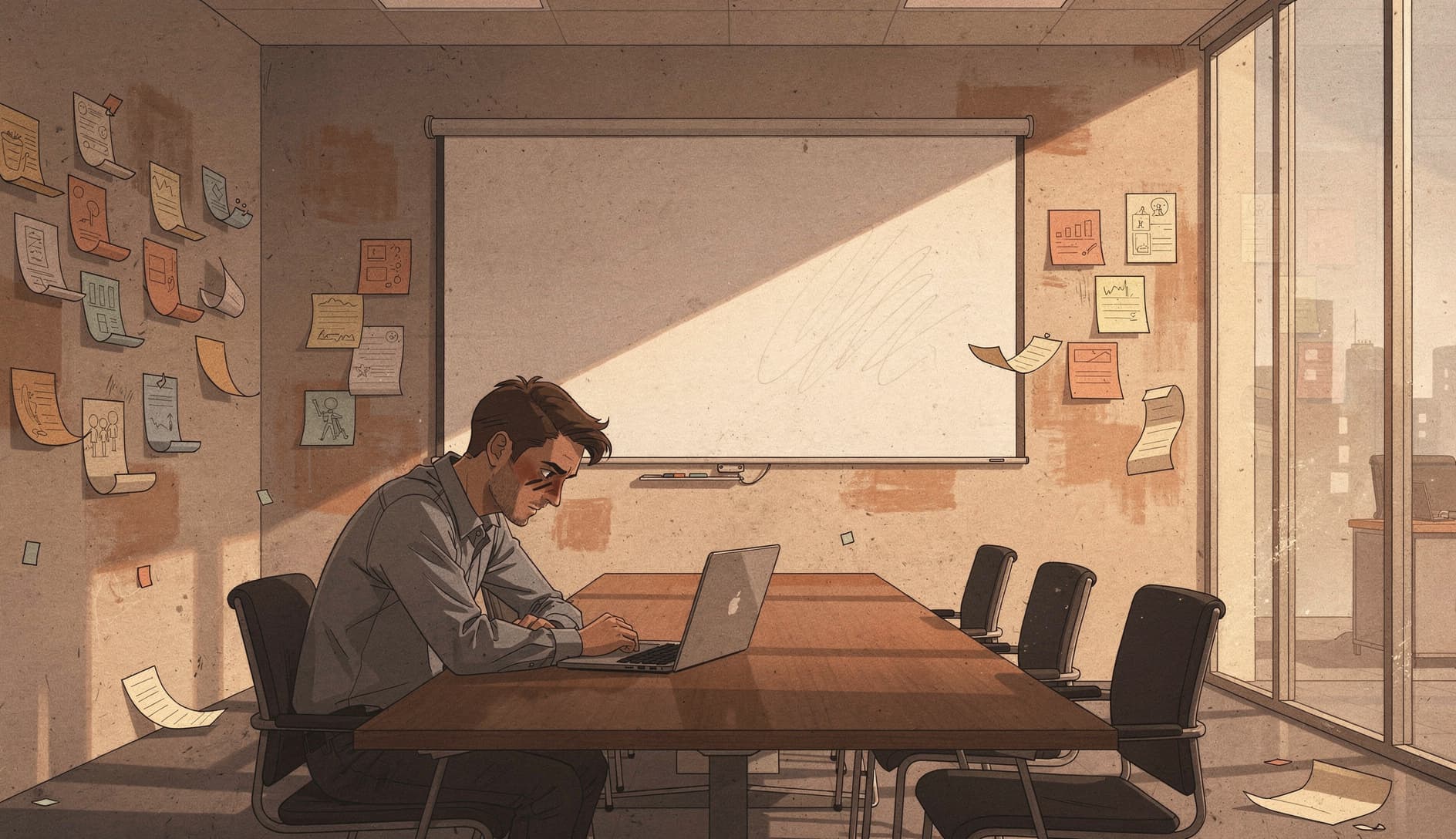 Ein ausgebrannter Scrum Master sitzt allein in einem leeren Konferenzraum mit Haftnotizen, die von den Wänden fallen