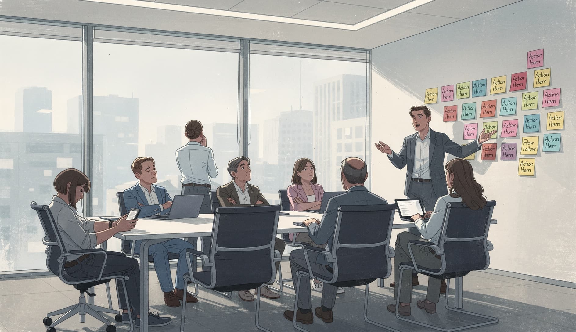 Ein desengagiertes Team in einem Konferenzraum, einige scrollen auf Telefonen, nur der Moderator spricht, recycelte Action Items an der Wand
