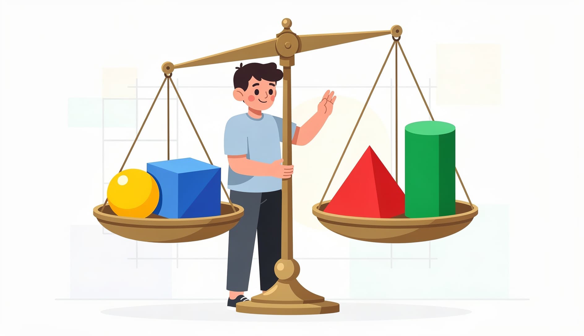 Eine Person, die vorsichtig Objekte unterschiedlicher Größe auf einer Waage balanciert, was das Abwägen von Reach, Impact, Confidence und Effort darstellt