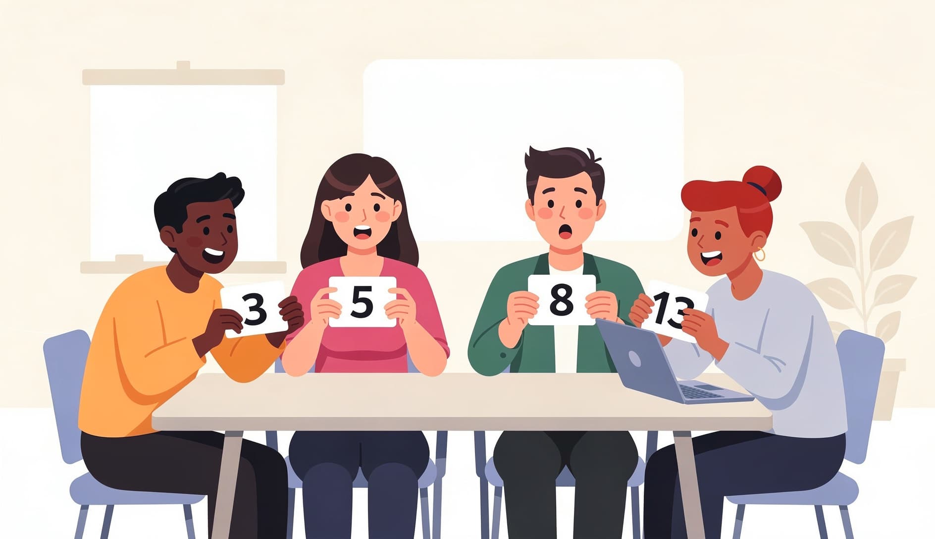 Teammitglieder schreiben individuell Scores auf Karten, bevor sie sie gemeinsam aufdecken, um Ankereffekte zu vermeiden