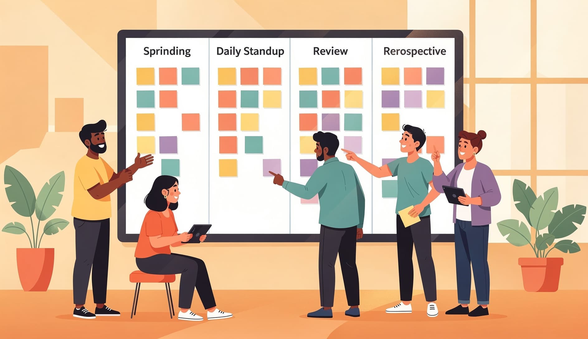 Equipo ilustrado de desarrolladores reunidos alrededor de un tablero scrum con notas adhesivas, avanzando por diferentes formatos de reuniones en un colorido espacio de trabajo agil
