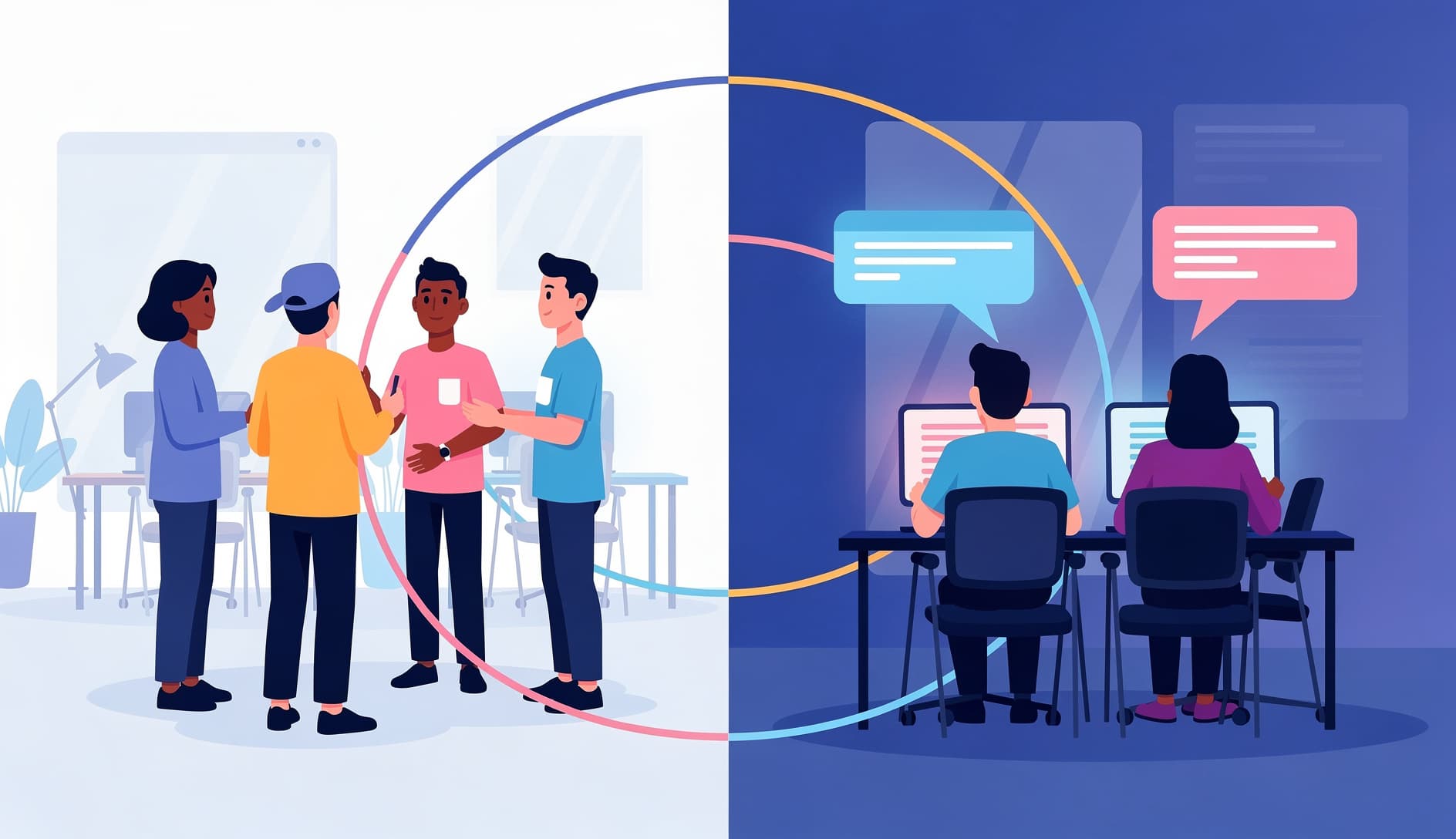 Pantalla dividida ilustrada mostrando un circulo de standup tradicional en un lado y miembros del equipo publicando actualizaciones asincronas desde diferentes ubicaciones en el otro, conectados por lineas fluidas