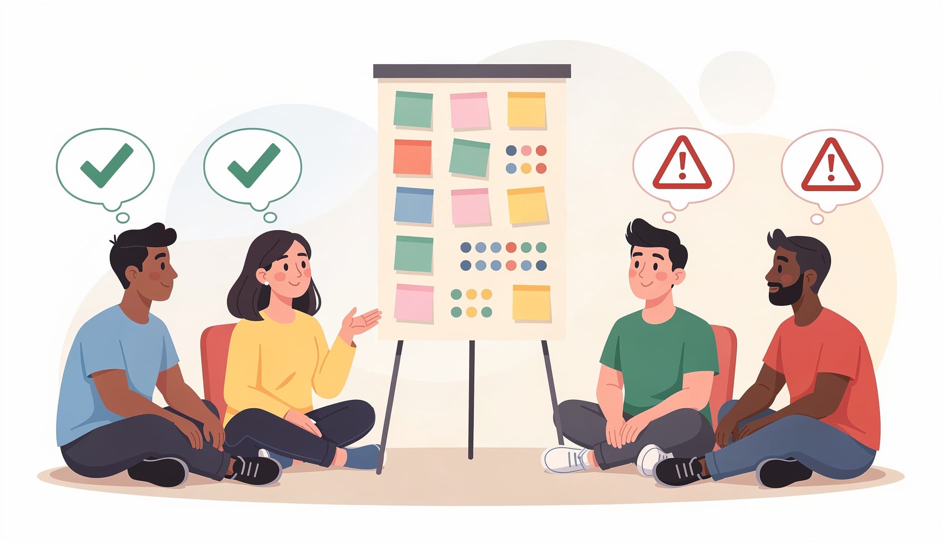 Equipo ilustrado sentado en circulo con burbujas de pensamiento conteniendo marcas de verificacion verdes y banderas rojas, votando en notas adhesivas en un tablero