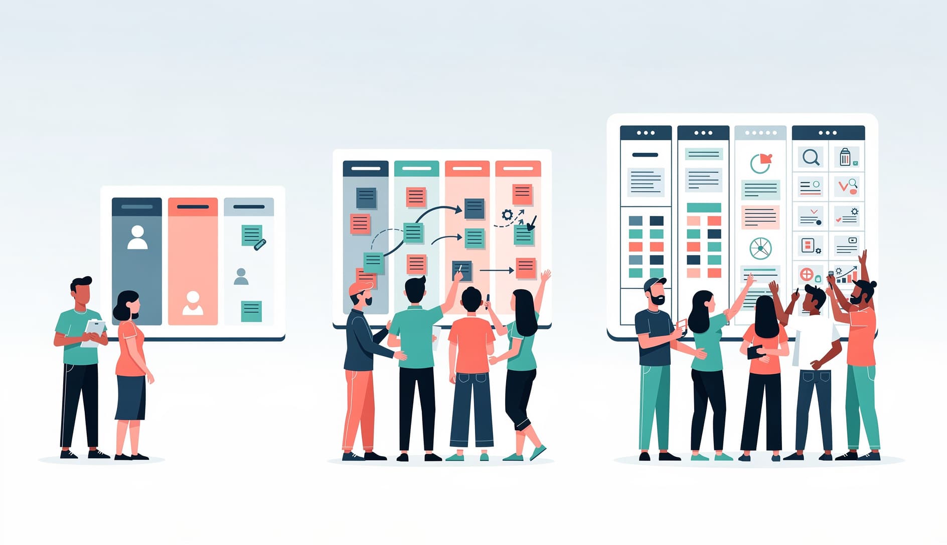 Teams in verschiedenen Wachstumsstadien mit sich entwickelnden Prozess-Boards im Hintergrund, zeigt Methodologie-Progression über die Zeit