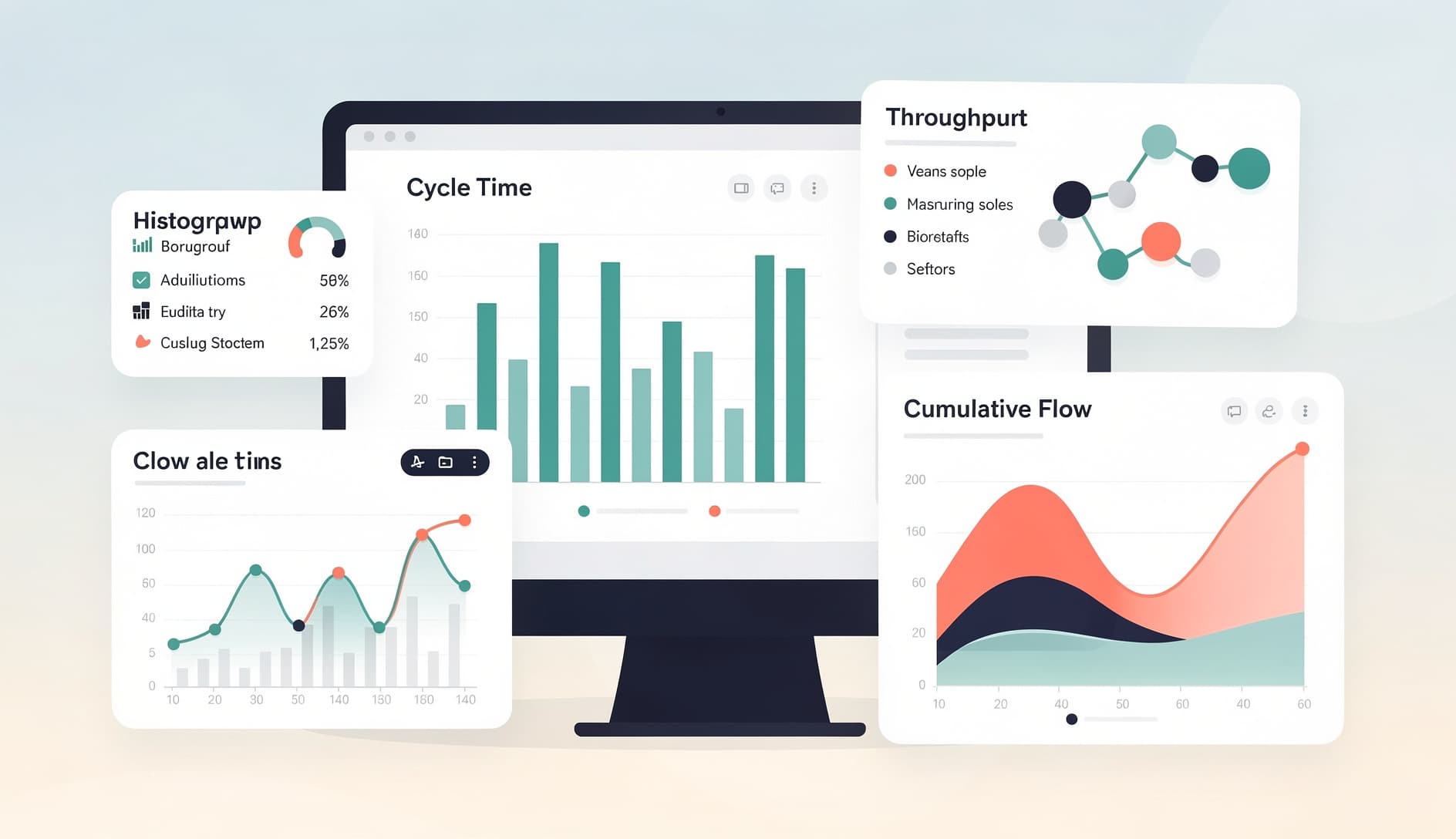 Analyse-Dashboards zeigen Flow-Metrik-Visualisierungen, einschließlich Cycle-Time-Histogramme und Throughput-Charts