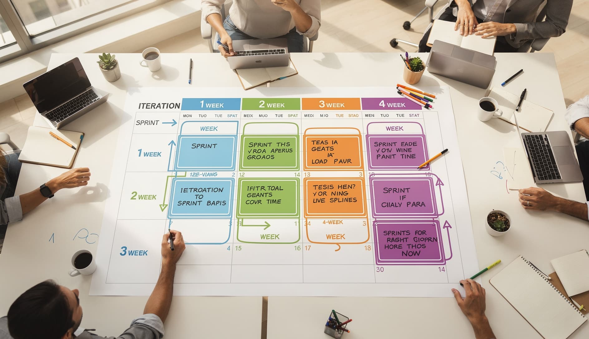 Ein agiles Team-Arbeitsumfeld mit einem Whiteboard-Kalender, auf dem Sprint-Blöcke in verschiedenen Farben für unterschiedliche Sprint-Längen markiert sind