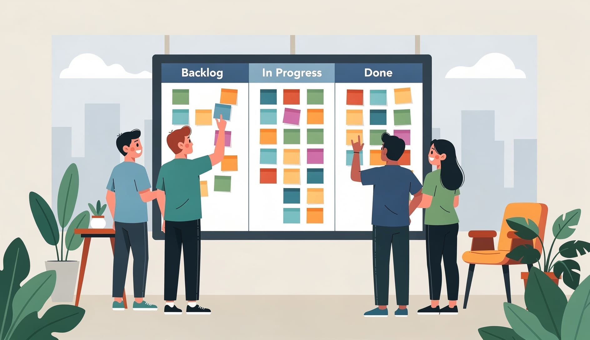 Equipo ágil reunido alrededor de un tablero seleccionando elementos de trabajo para su próximo sprint, con notas adhesivas y un Sprint Goal visible