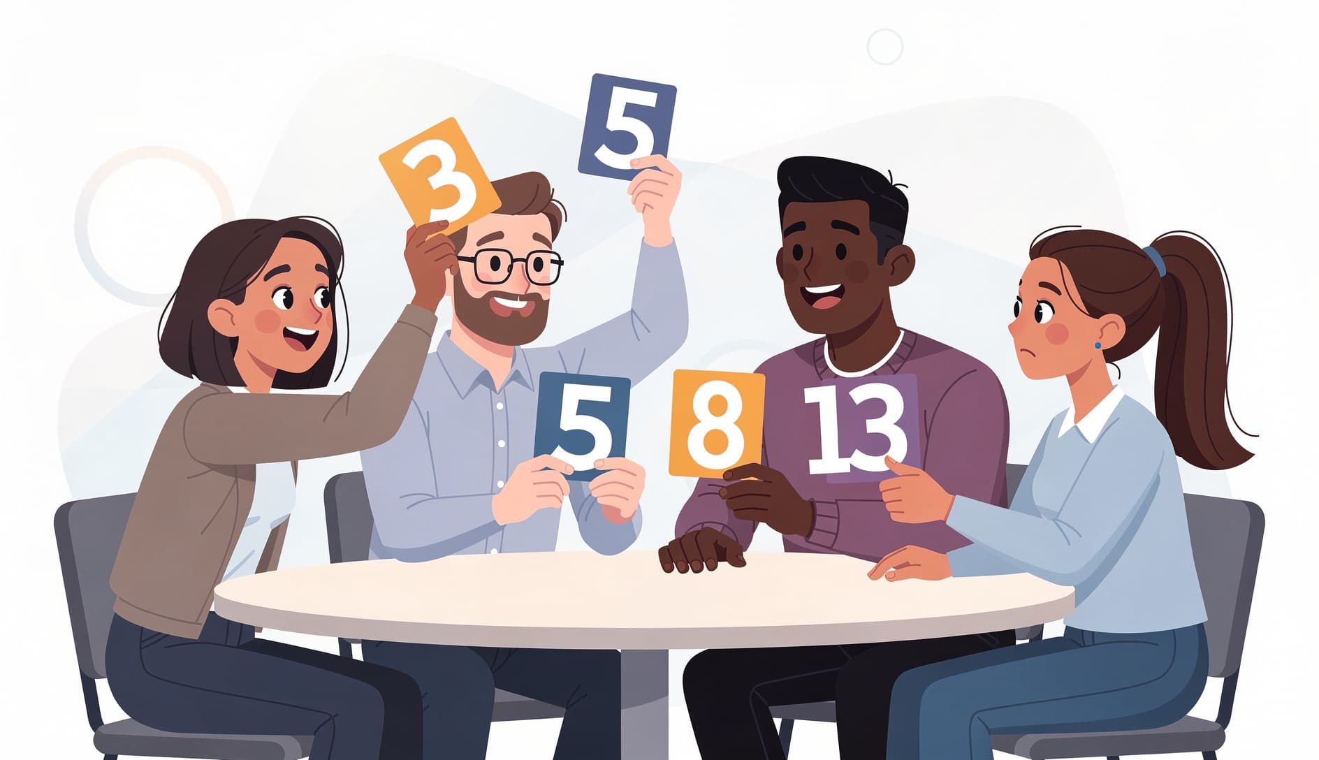 Miembros del equipo mostrando simultáneamente cartas de estimación durante una sesión de Planning Poker, con números visibles