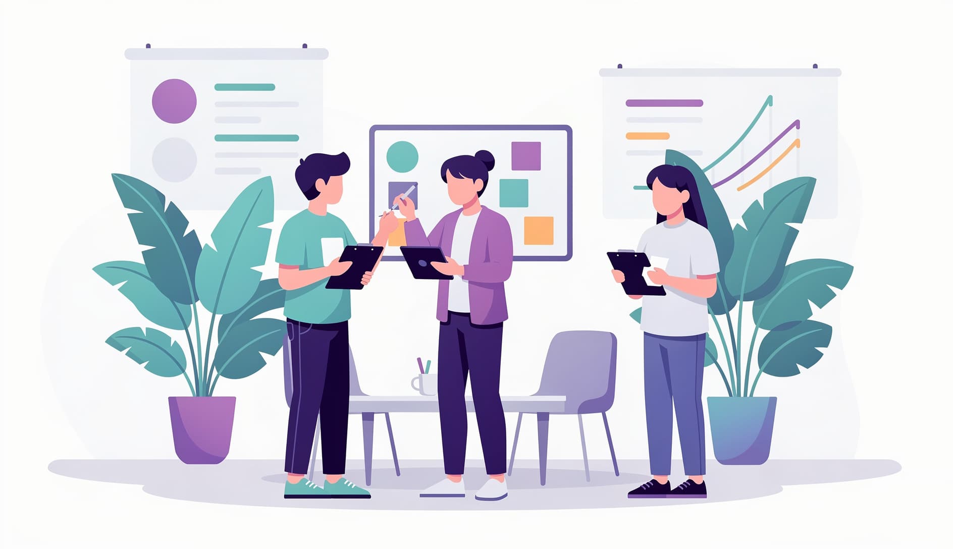 Stakeholder ilustrado probando software en una tablet mientras los miembros del equipo observan y toman notas, en un entorno de reunión colaborativa