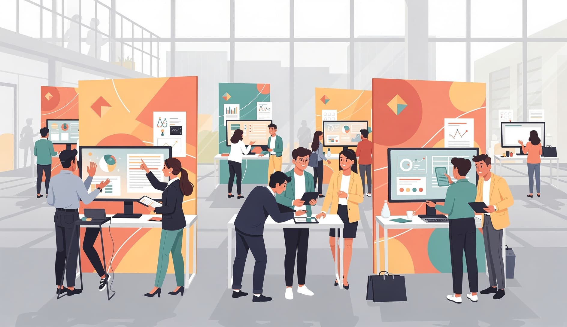 Sprint review estilo feria de ciencias ilustrado con múltiples stands de equipos y stakeholders moviéndose entre estaciones, en un espacio de oficina moderno