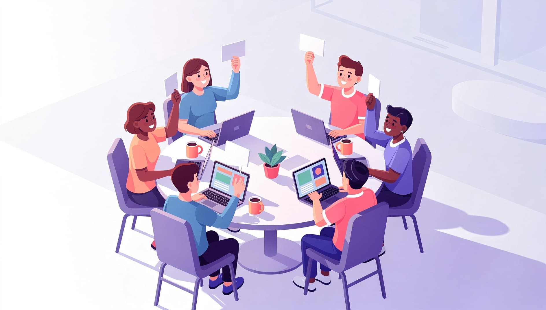 Agile team members each holding up an estimation card with a number on it, revealing their votes at the same moment around a table, in a clean modern illustration style