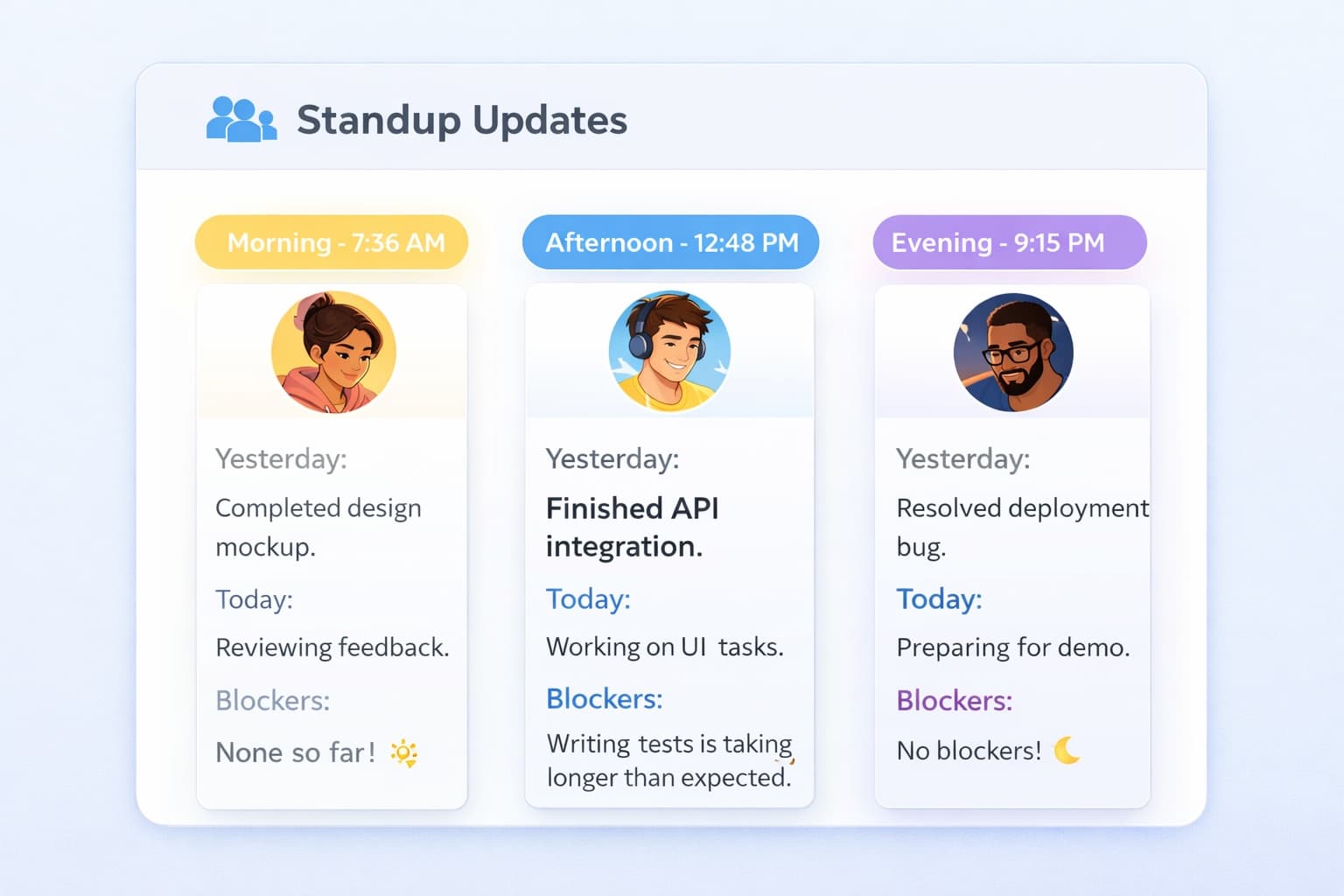 Farkli zaman dilimlerindeki ekip uyelerinden yazili guncellemeler gosteren temiz bir arayuz, sabah, ogle ve aksam gonderilerini gosteren zaman damgalari