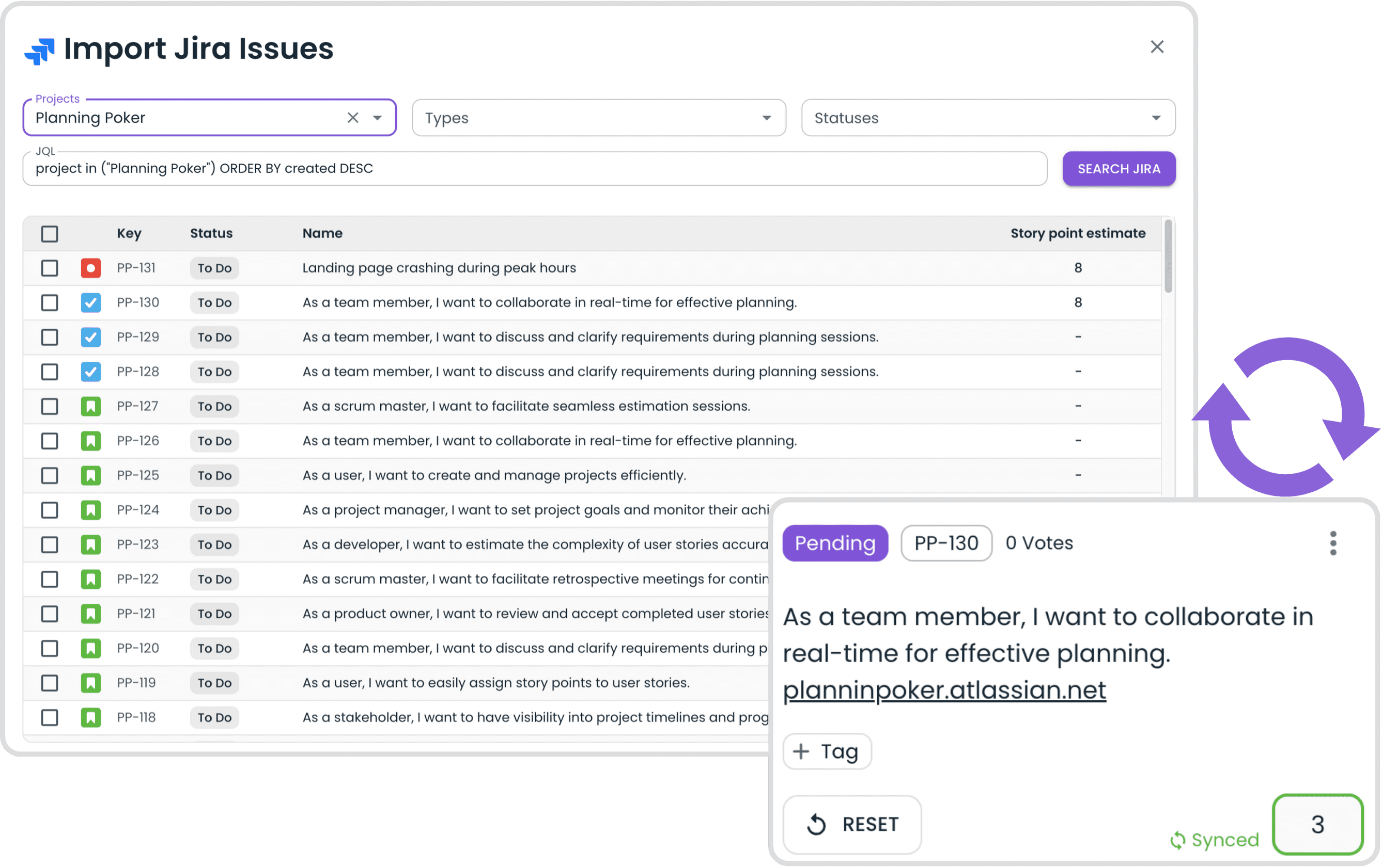 Planning poker jira integration. Scrum planning jira integration. Importing tickets from jira.