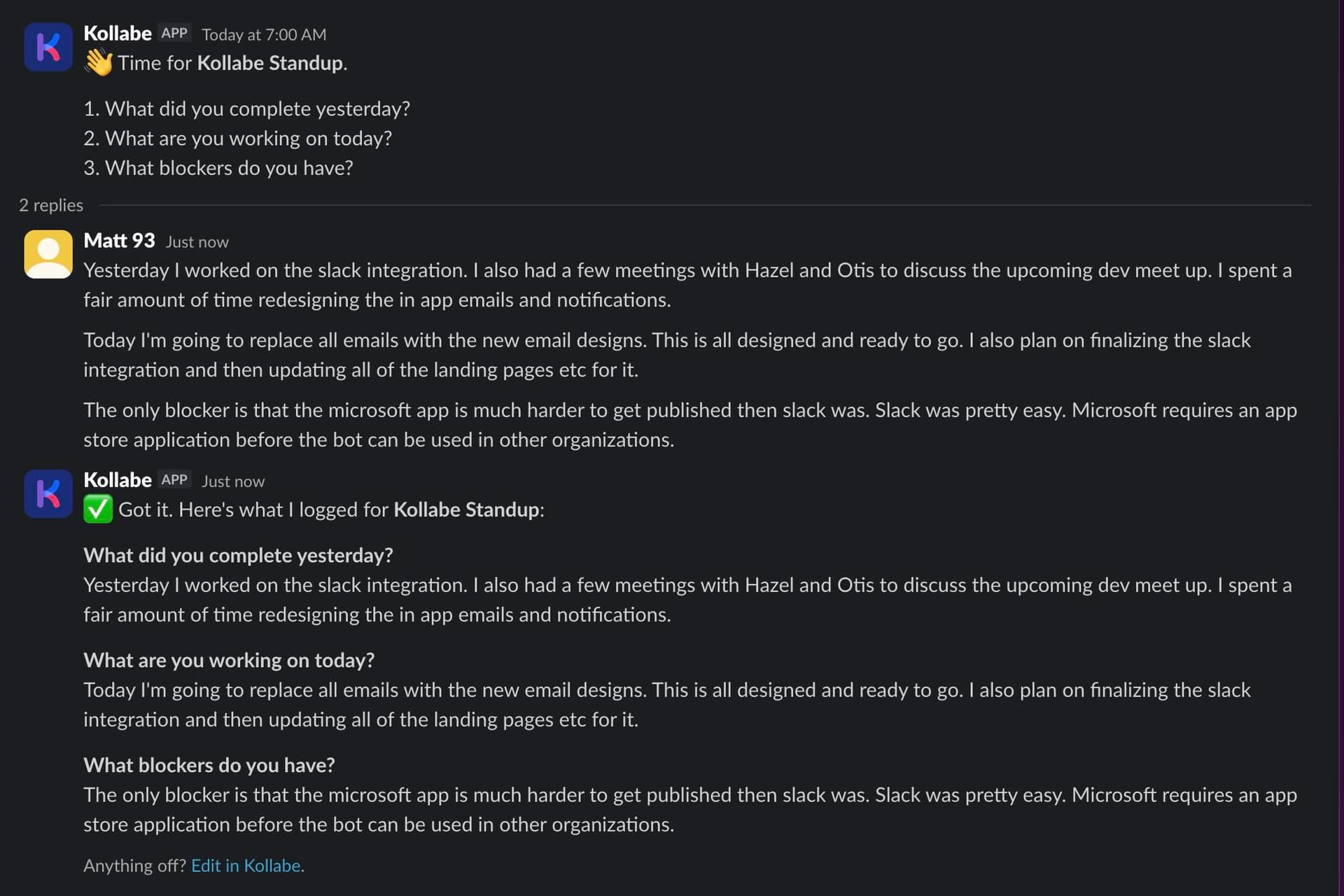 Daily standups in Slack
