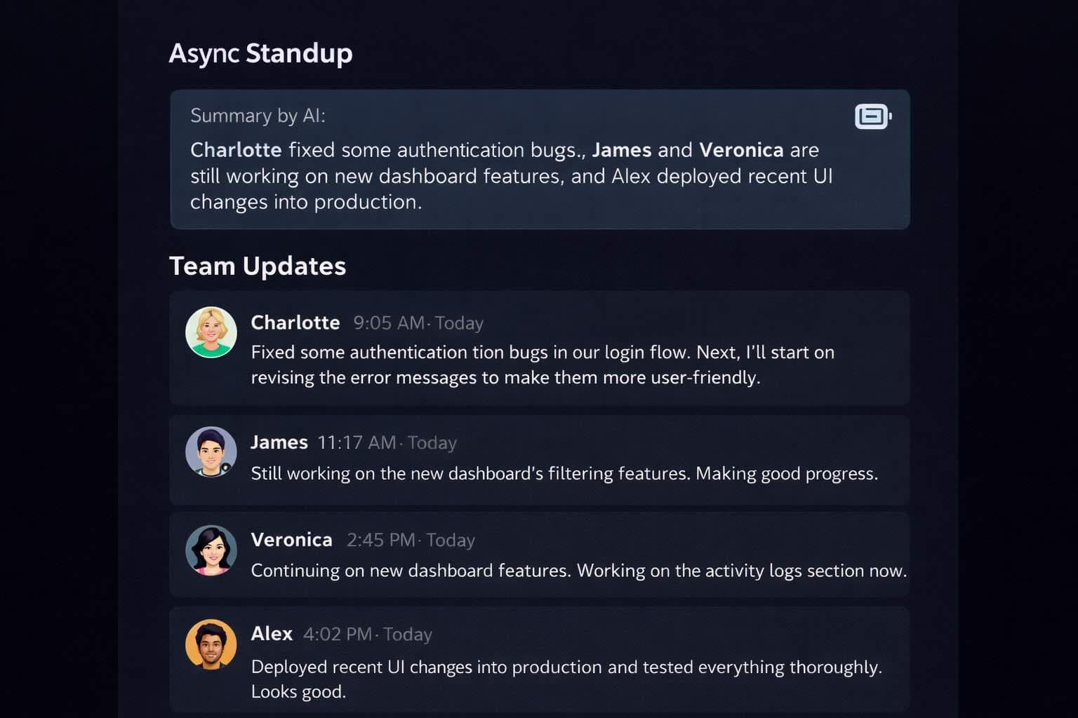 Gun boyunca farkli zamanlarda gonderilen ekip guncellemelerini gosteren asenkron stand-up arayuzu, ustte yapay zeka tarafindan olusturulan ozet