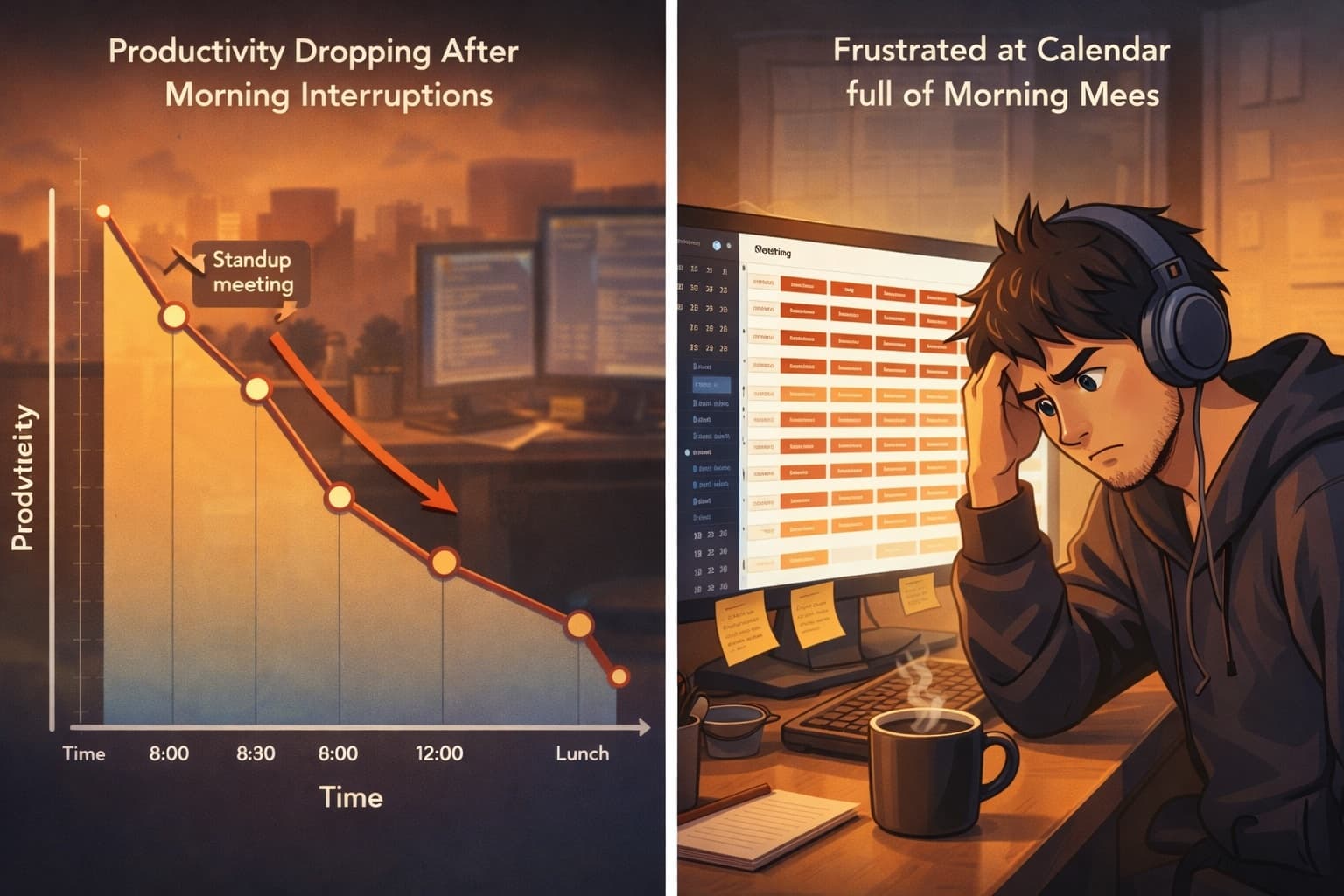 Sabah toplantilariyla dolu takvime sinirli bakan gelistirici, masada sogumakta olan kahve