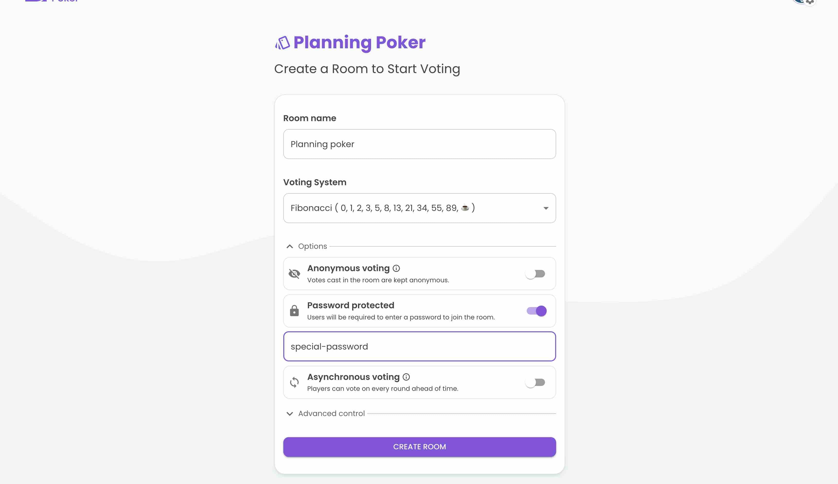 Planning Poker mit einem Passwort. Der Benutzer wird aufgefordert ein Passwort einzugeben, bevor er den Raum betritt.