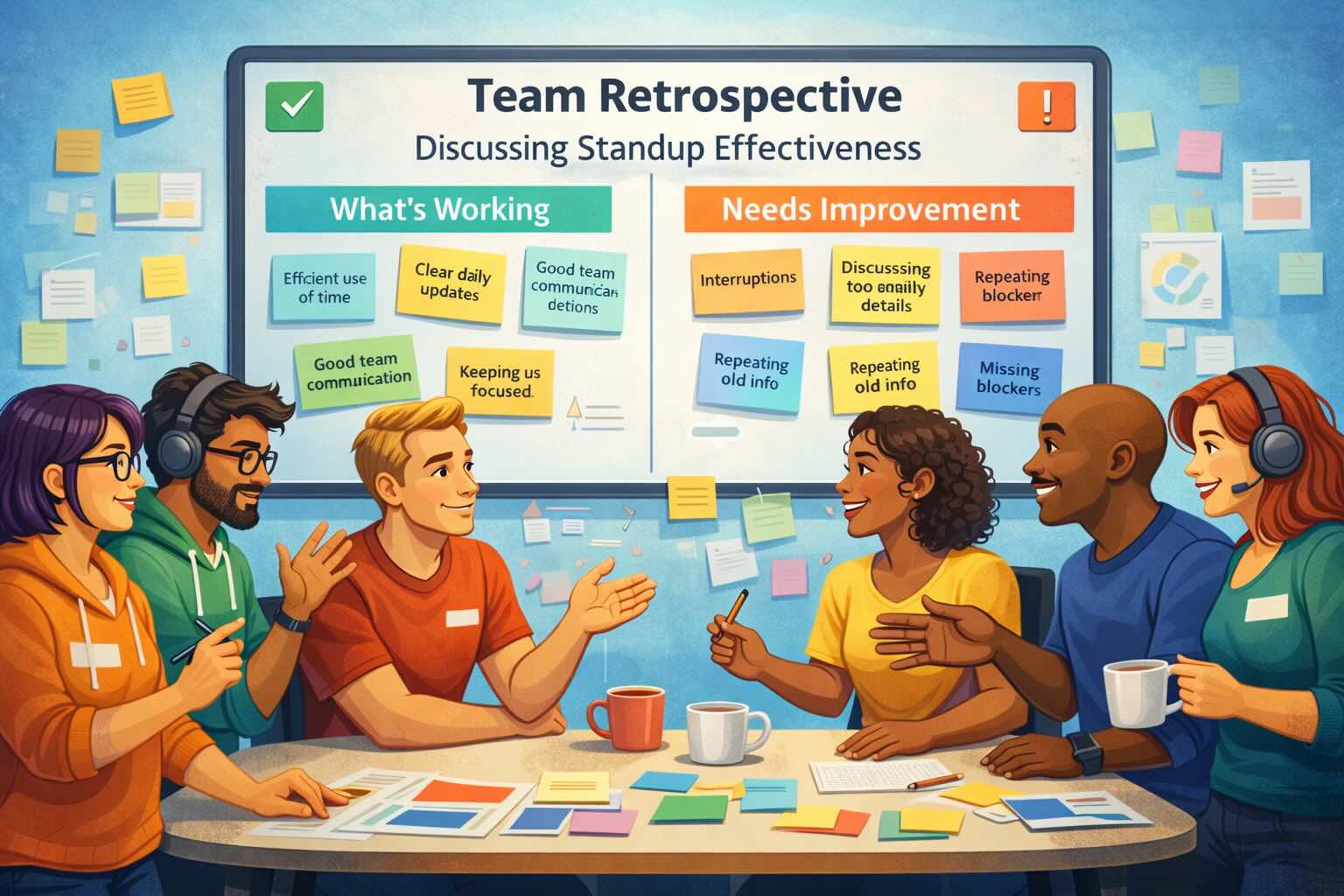 Neyin calistigini ve neyin iyilestirilmesi gerektigini gosteren yapiskan notlarla standup etkinligini tartisan ekip retrospektifi