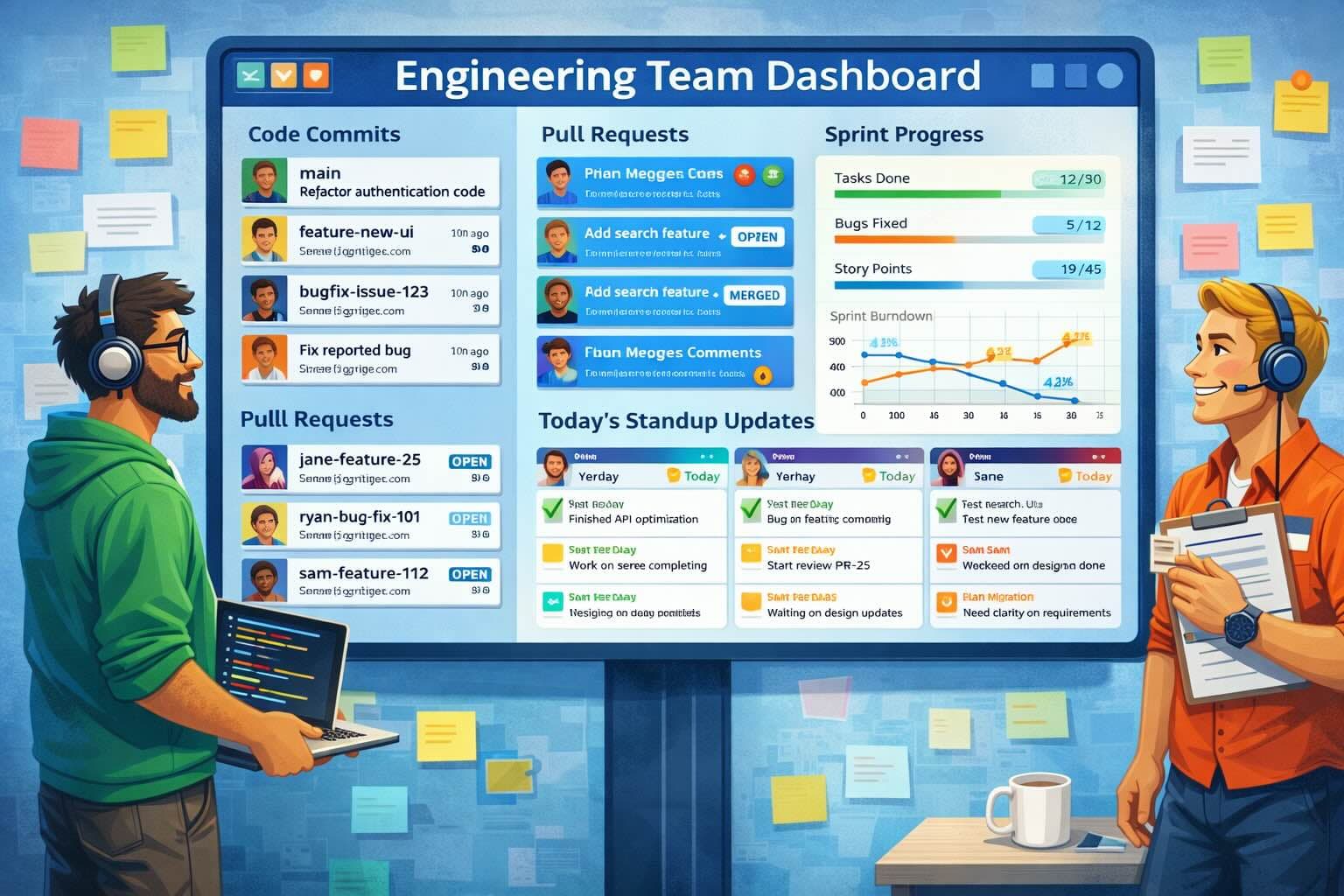 Bireysel standup guncellemelerinin yani sira kod commit'lerini, pull request'lerini ve sprint ilerleme metriklerini gosteren muhendislik ekibi kontrol paneli