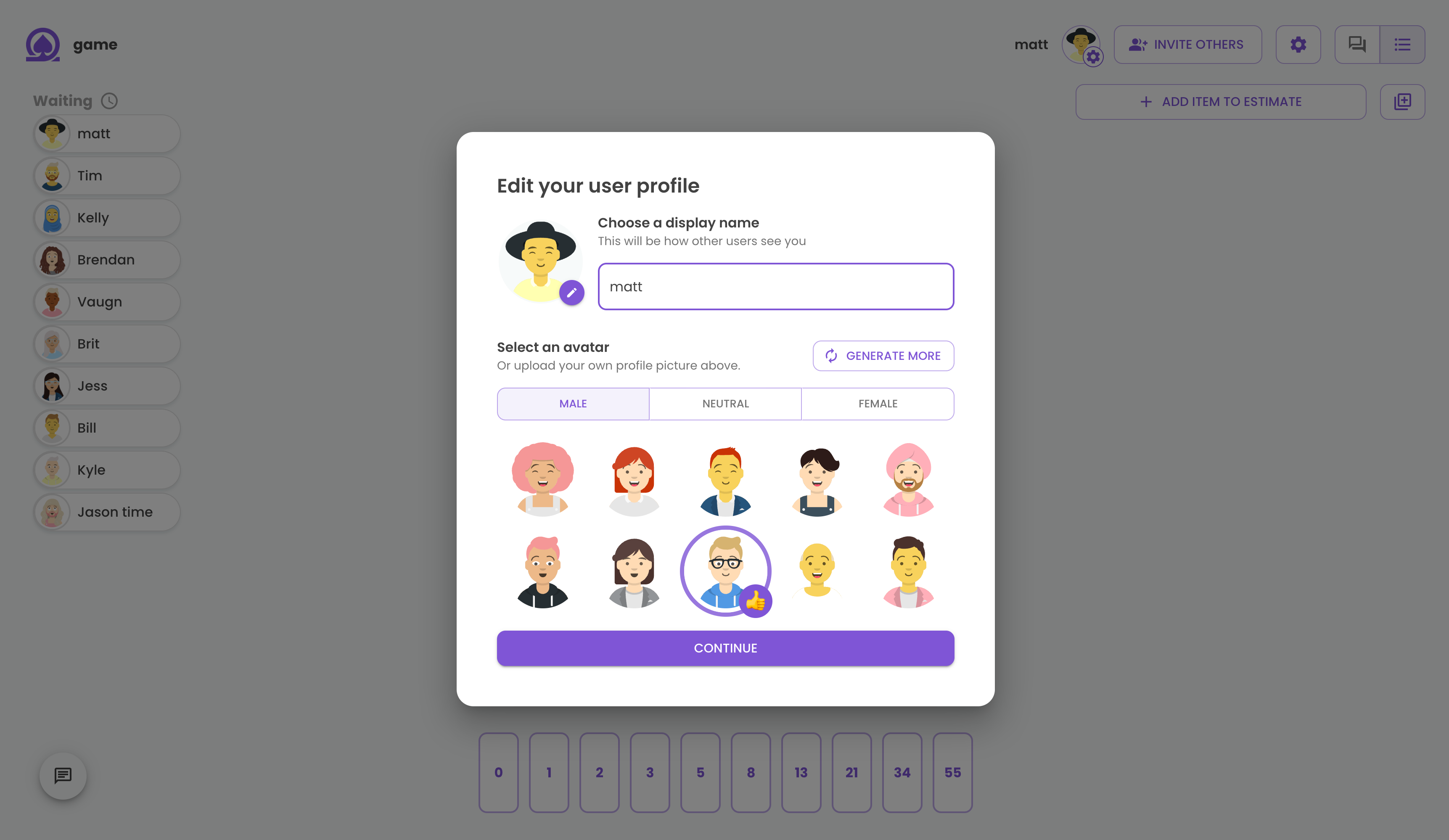 A gif of a user joining a free online scrum planning session. They enter in their name, select an avatar, join and quickly vote on the current topic.