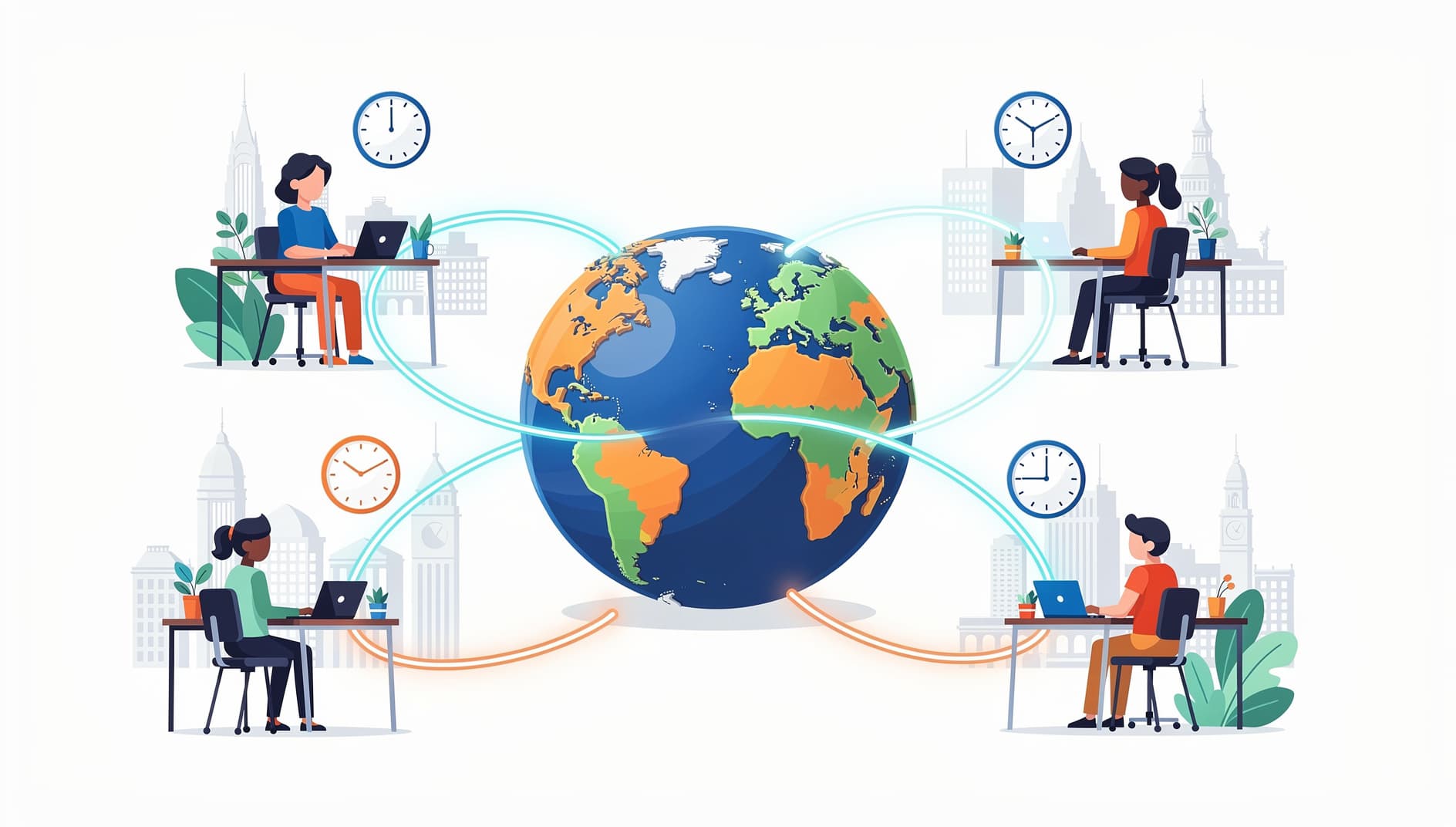 Illustrated globe with team members working at desks in different cities connected by glowing lines, clocks showing different times above each location