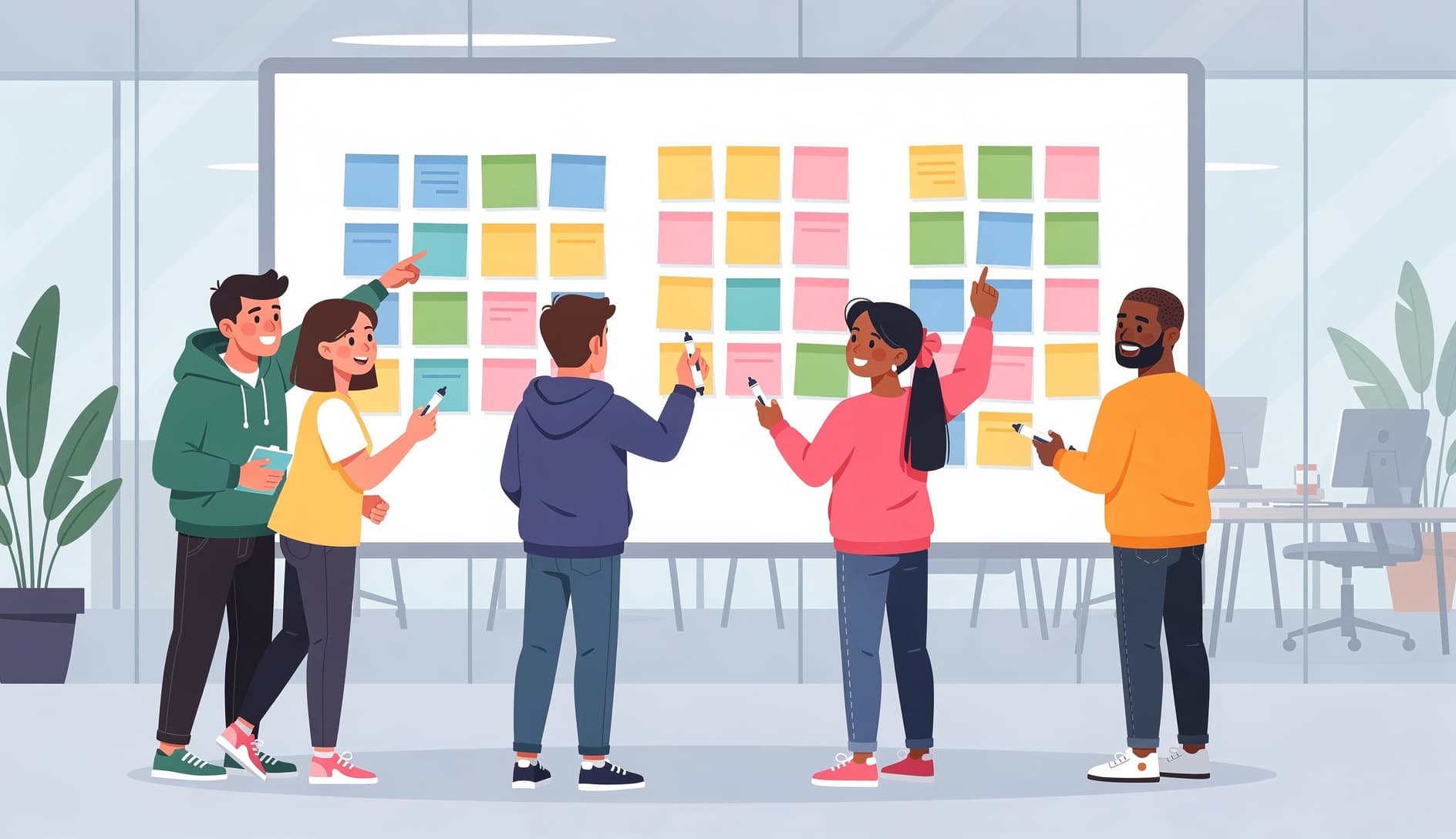 Equipo de desarrolladores reunidos alrededor de una pizarra cubierta de notas adhesivas de colores organizadas en grupos, colaborando en la estimacion de su backlog de sprint