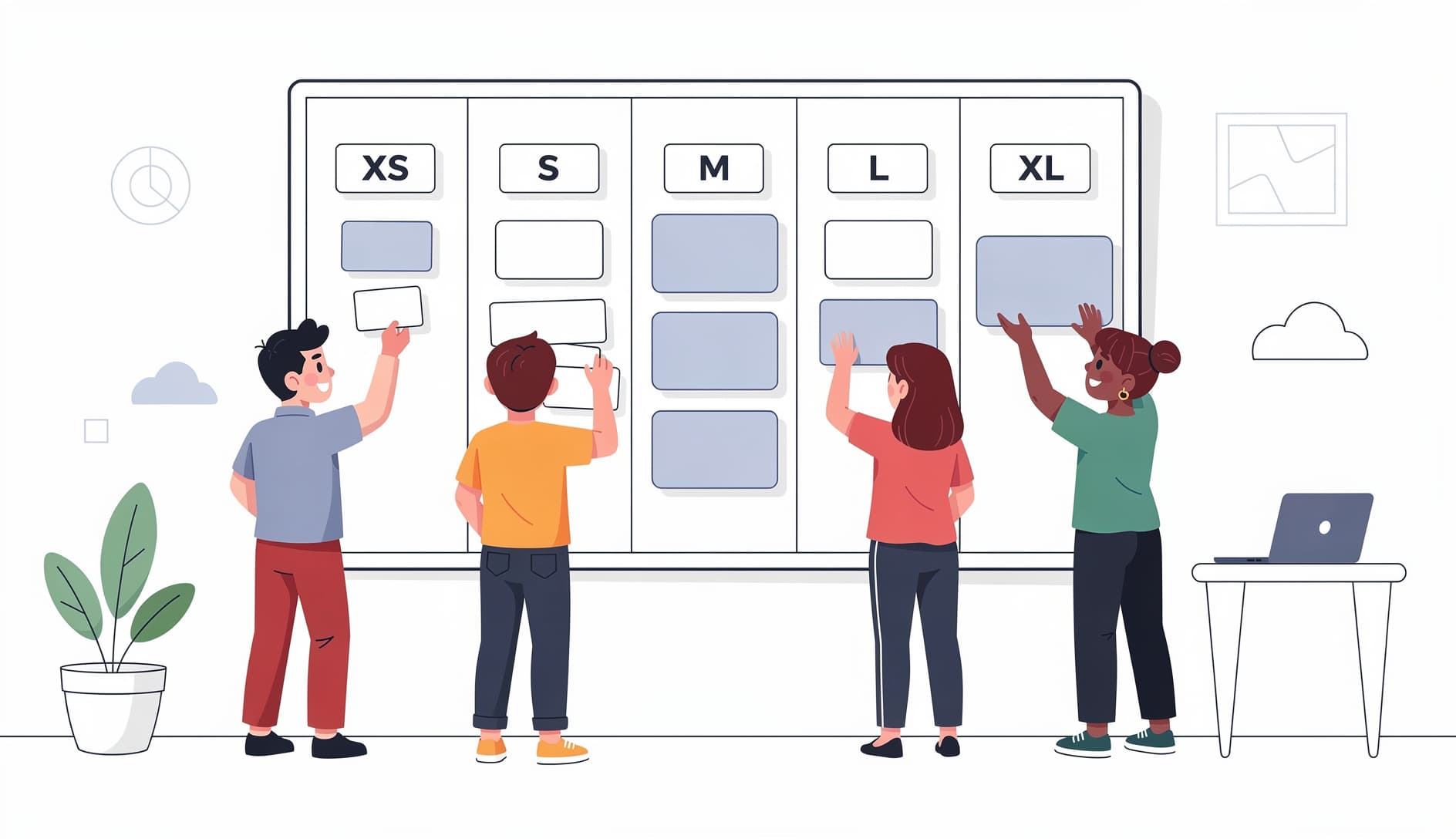 Grupo de personas clasificando elementos en cubetas etiquetadas desde pequeno hasta extra grande, representando el dimensionamiento relativo de tareas usando categorias familiares