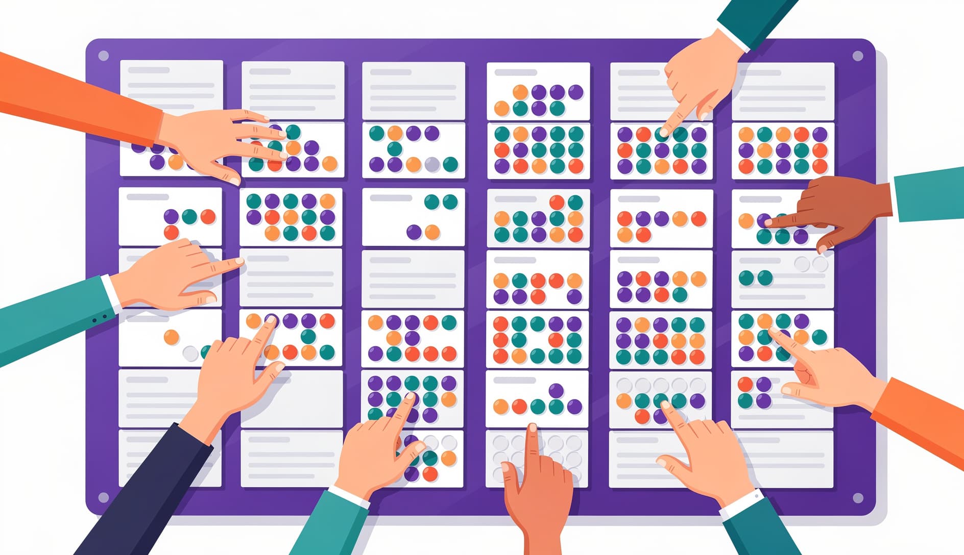 Manos colocando pegatinas de puntos de colores en un tablero lleno de tarjetas de tareas, algunas tarjetas cubiertas con multiples puntos mostrando las prioridades del equipo