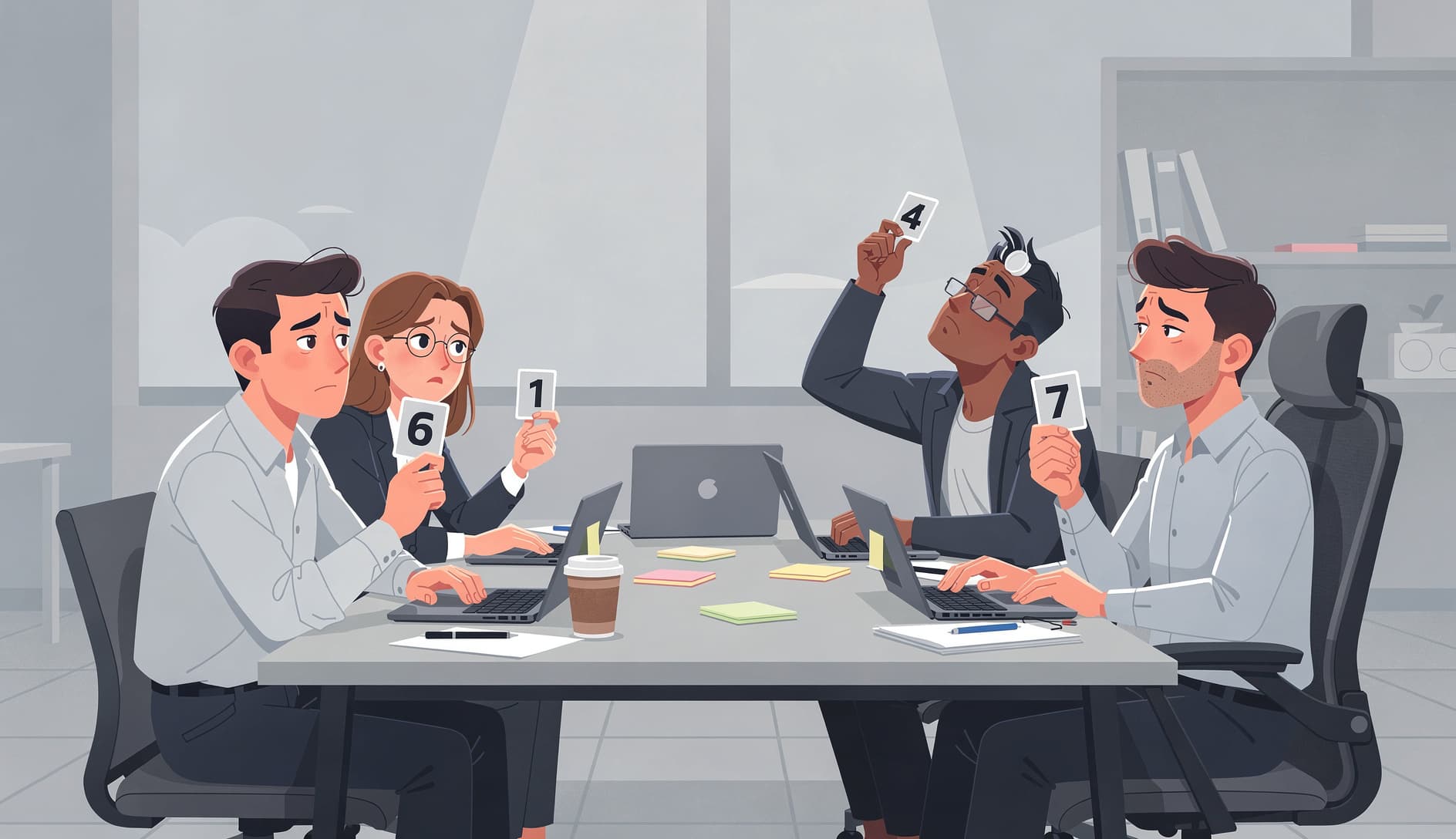 Une séance d'estimation Planning Poker où les développeurs semblent apathiques, tenant des cartes avec des expressions résignées