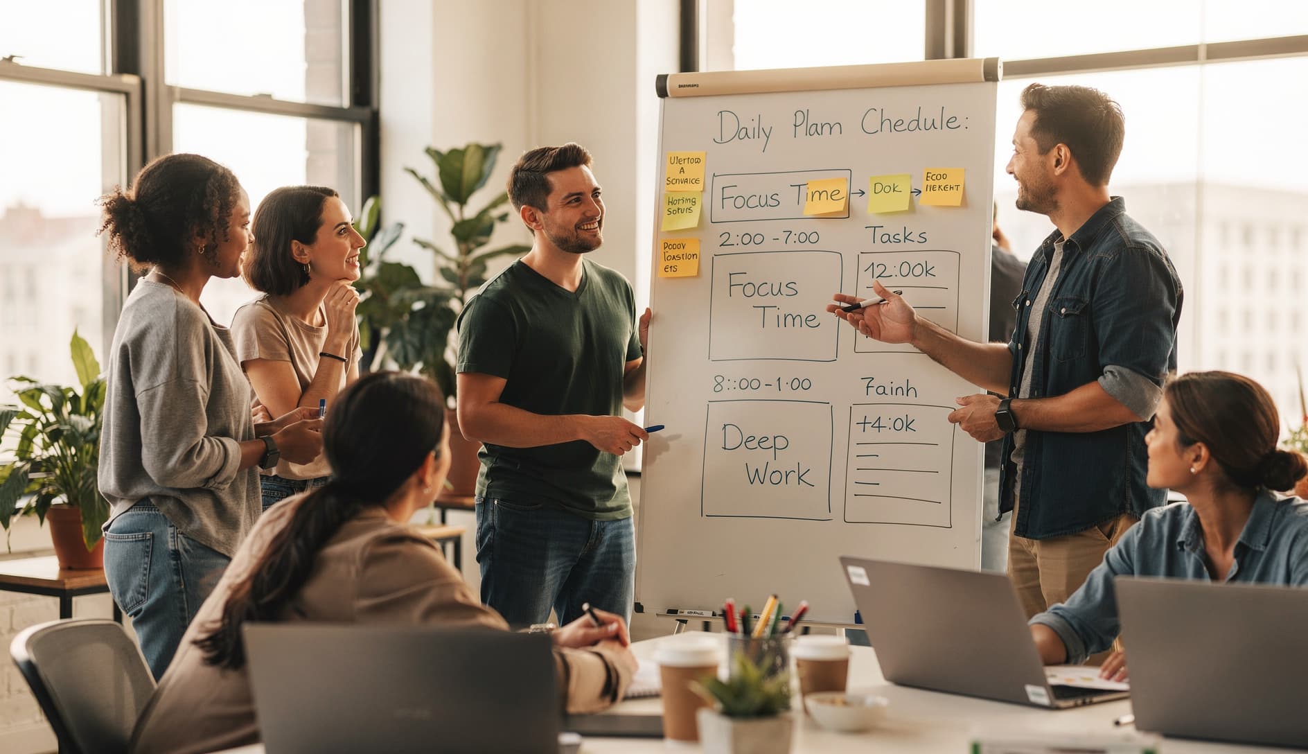 Une équipe agile saine ayant un matin énergisant avec le temps de concentration protégé, les développeurs semblant engagés et reposés à la lumière naturelle brillante