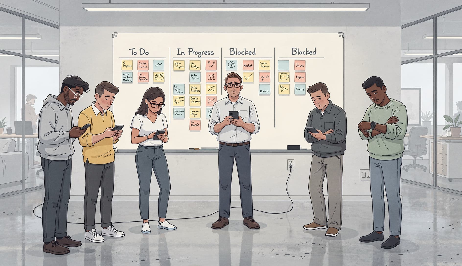 Une réunion de standup agile avec une équipe de développeurs désengagés, certains regardant des téléphones tandis qu'une personne donne une mise à jour monotone