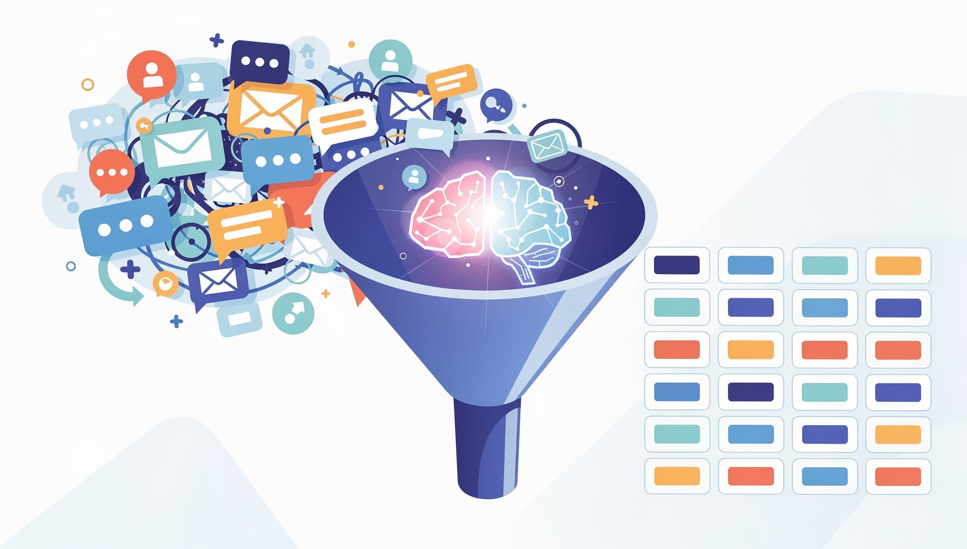 Illustration of raw inputs like chat messages and support tickets being funneled through an AI brain and coming out as structured user story cards