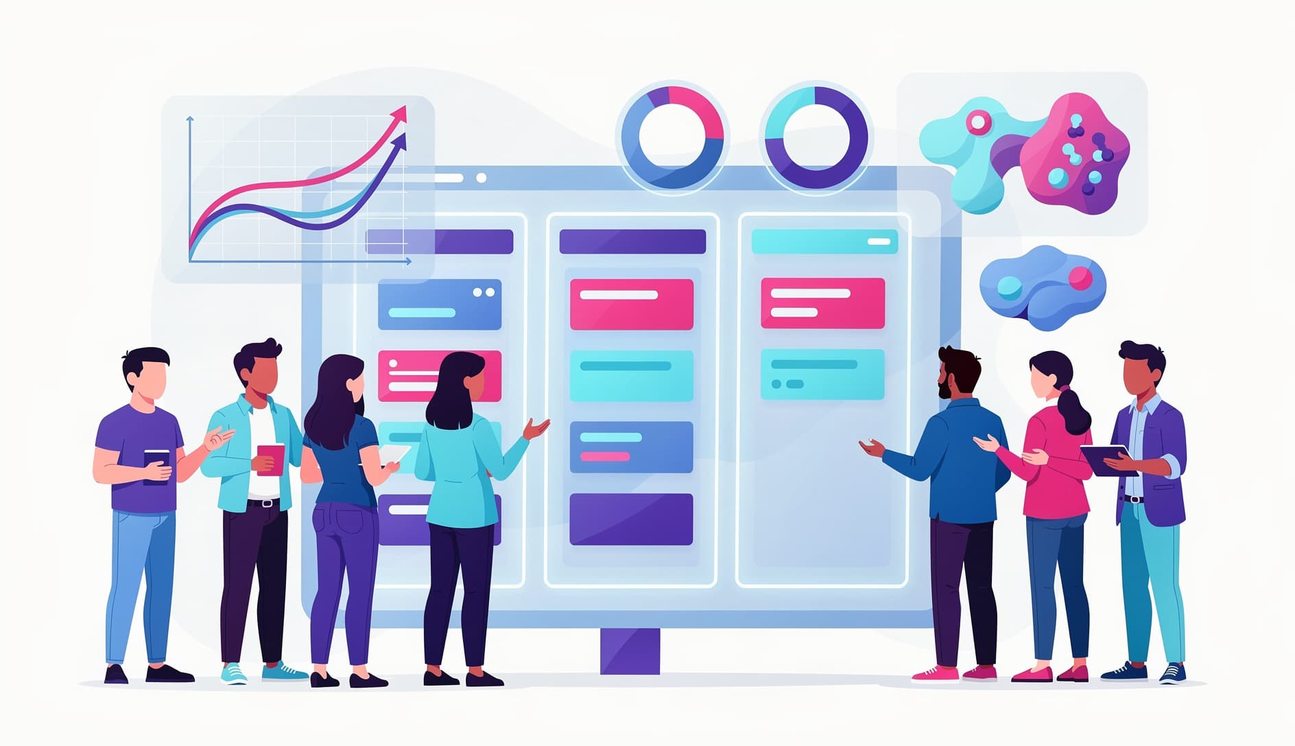 Equipo agil colaborando alrededor de un tablero digital con insights generados por IA flotando encima, mostrando datos de sprint, indicadores de sentimiento y sugerencias de tareas en un entorno de oficina moderno