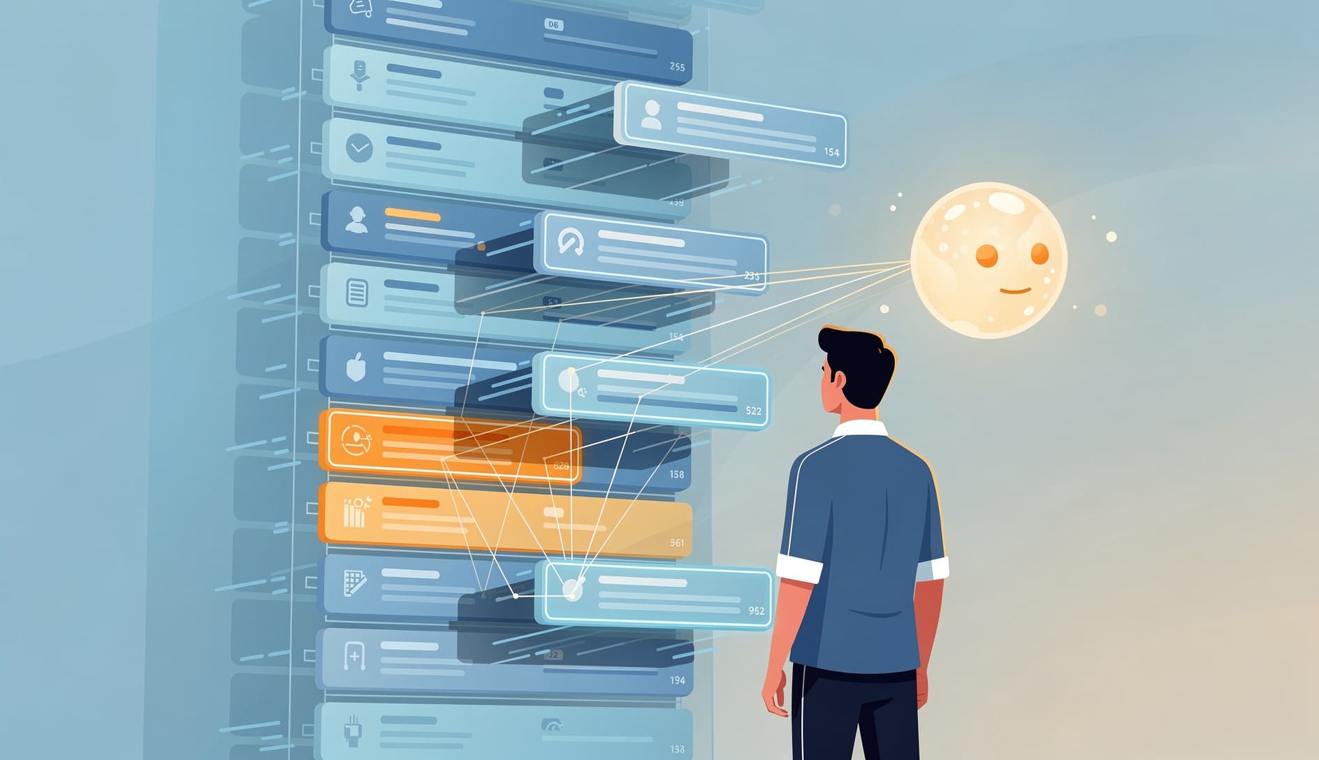 Product owner revisando un backlog con rankings de prioridad sugeridos por IA y lineas de dependencia conectando elementos relacionados, mostrando tanto las recomendaciones de la IA como las modificaciones manuales