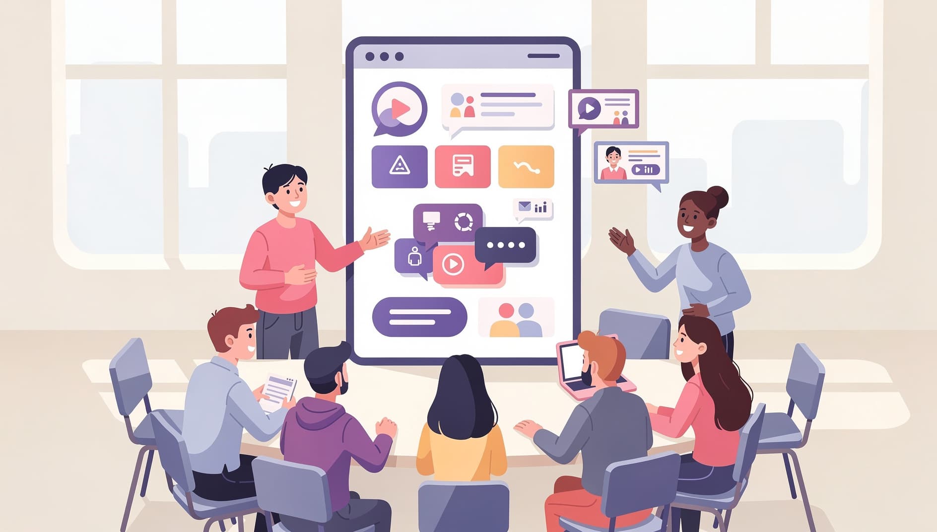 Illustrated modern sprint review with a small team and stakeholders looking at a shared dashboard that has AI-generated highlights and a live feedback panel, vibrant editorial illustration style
