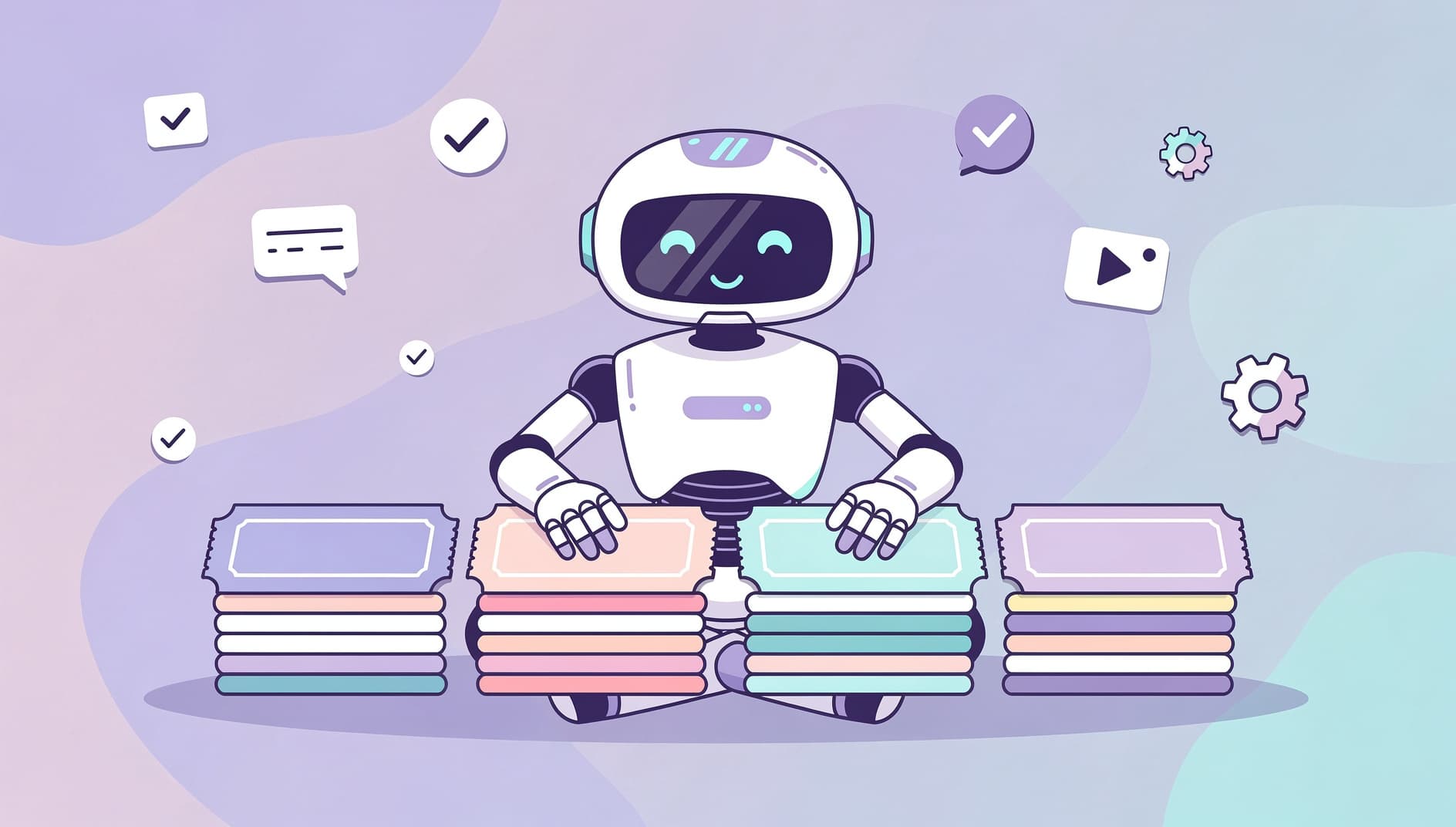 Editorial illustration of a friendly AI assistant character sorting through tickets, demo recordings, and feedback comments into neat stacks, modern flat vector style