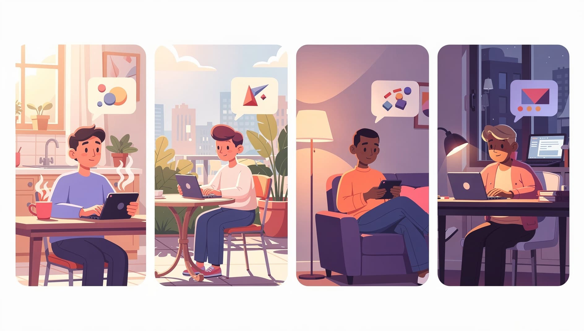 Illustration of stakeholders watching short demo videos on their own devices at different times of day, each leaving thoughtful comments, async collaboration vibe