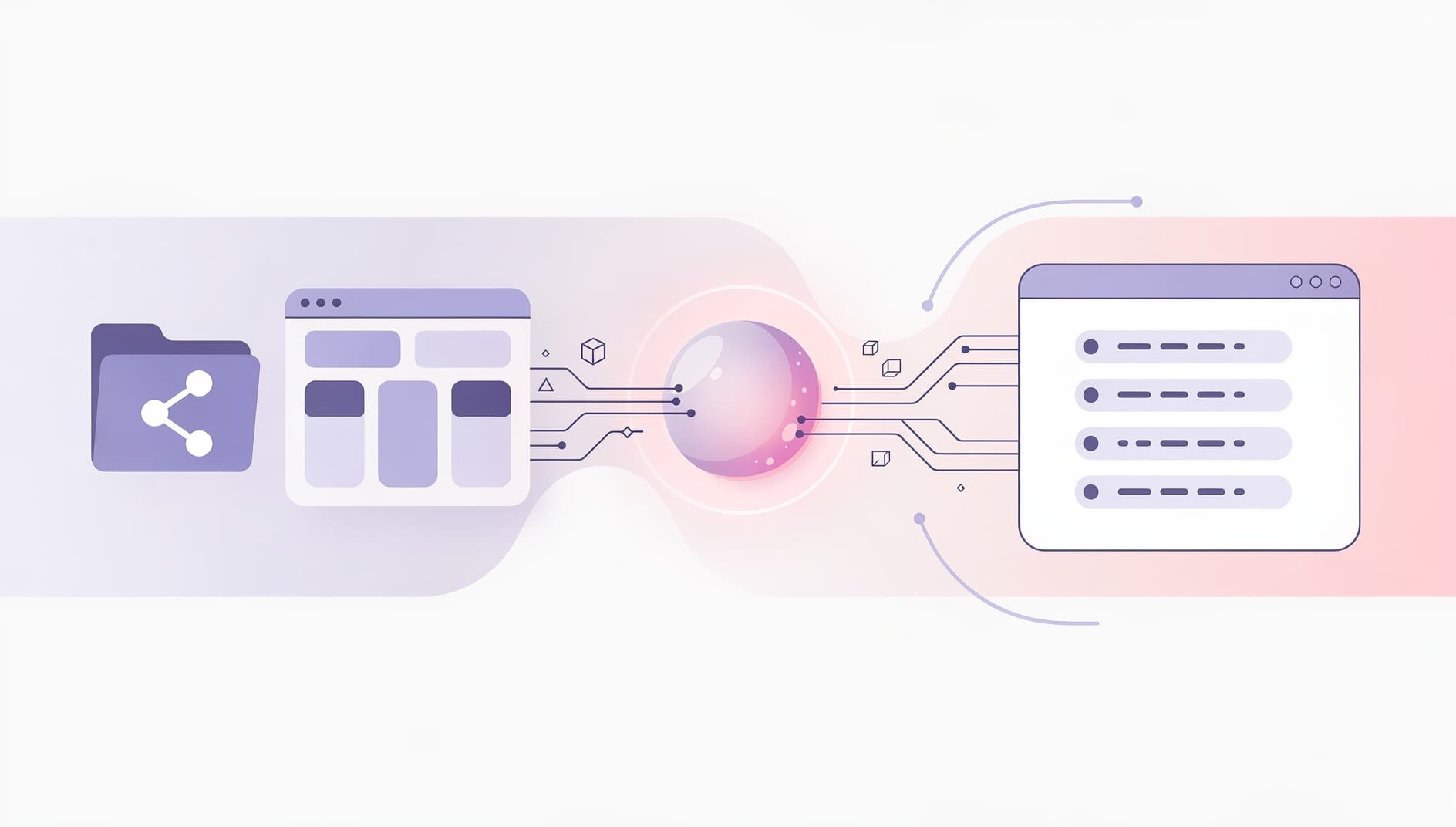 Editorial illustration of three connected panels showing data flowing left to right, the left panel shows a code repository and a ticket board, the middle panel shows an AI assistant icon processing the inputs, the right panel shows three short bullet points appearing in a chat window, flat vector style with soft purple and pink gradients, no readable text