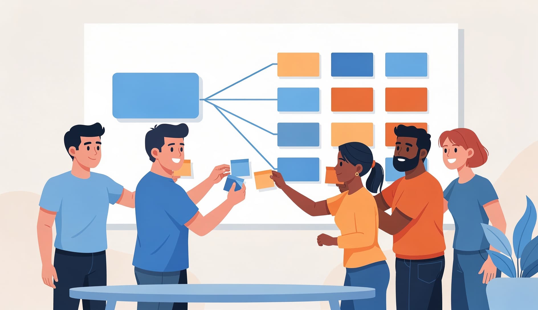 Equipo ágil frente a una pizarra separando una nota adhesiva grande en varias más pequeñas, representando el proceso de dividir una épica en historias de usuario manejables